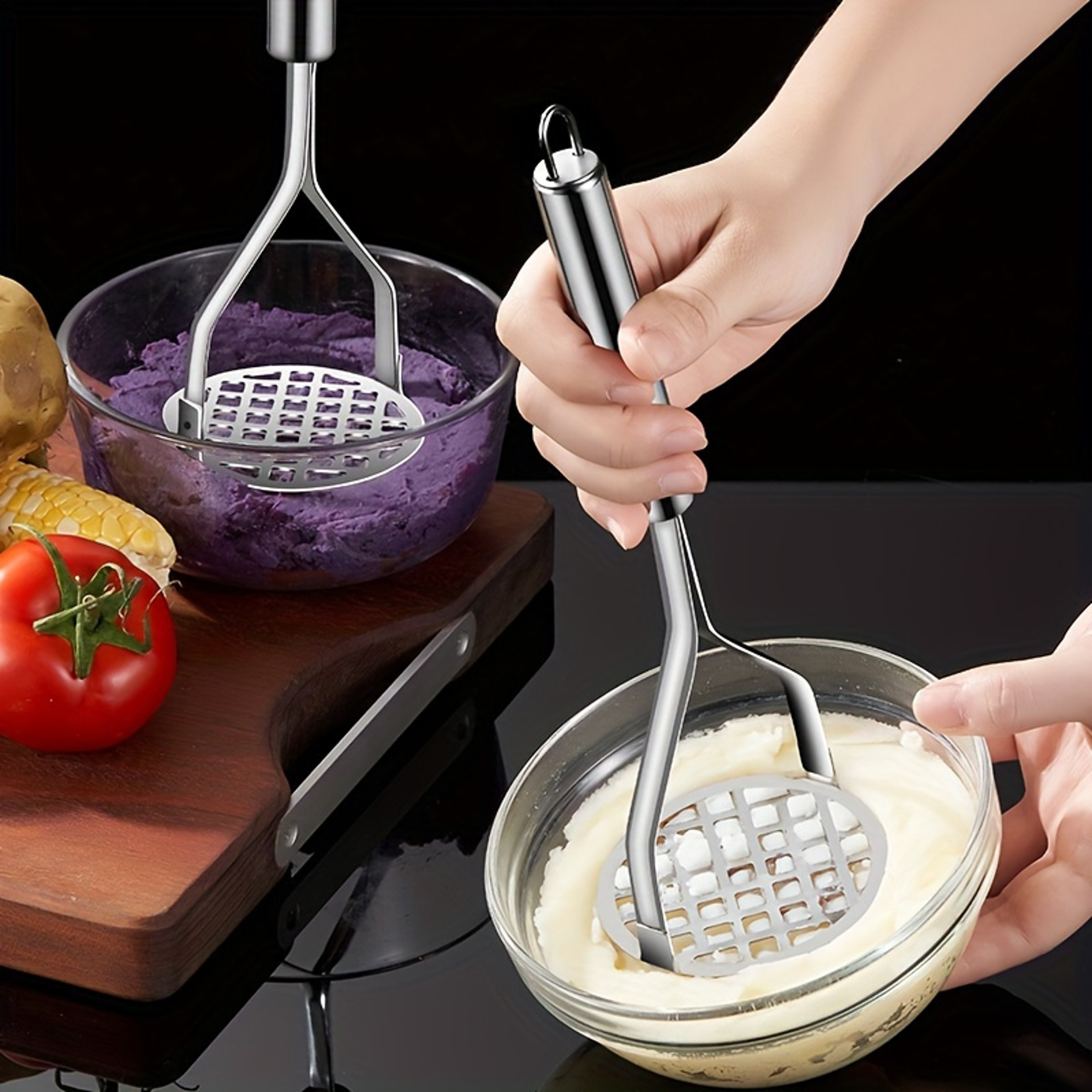 Manual Stainless Steel Masher, Potato Masher for Home Kitchen, Fruit and Vegetable Crusher – view 3