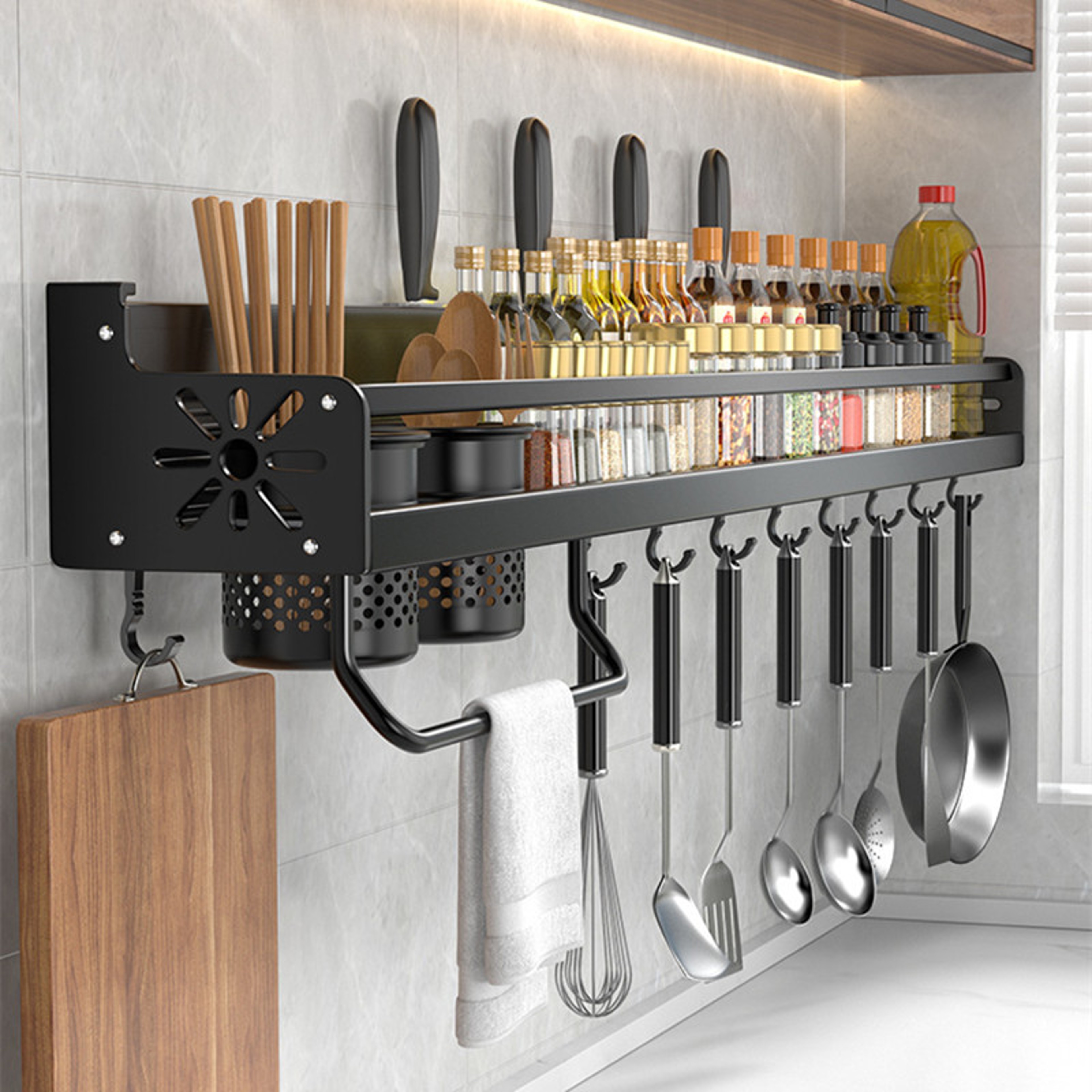 Wall-mounted Kitchen Organizer Shelf, Spice Storage Rack, Knife Holder & Seasoning Shelf for Chopsticks, Spoons, Shovel – view 1