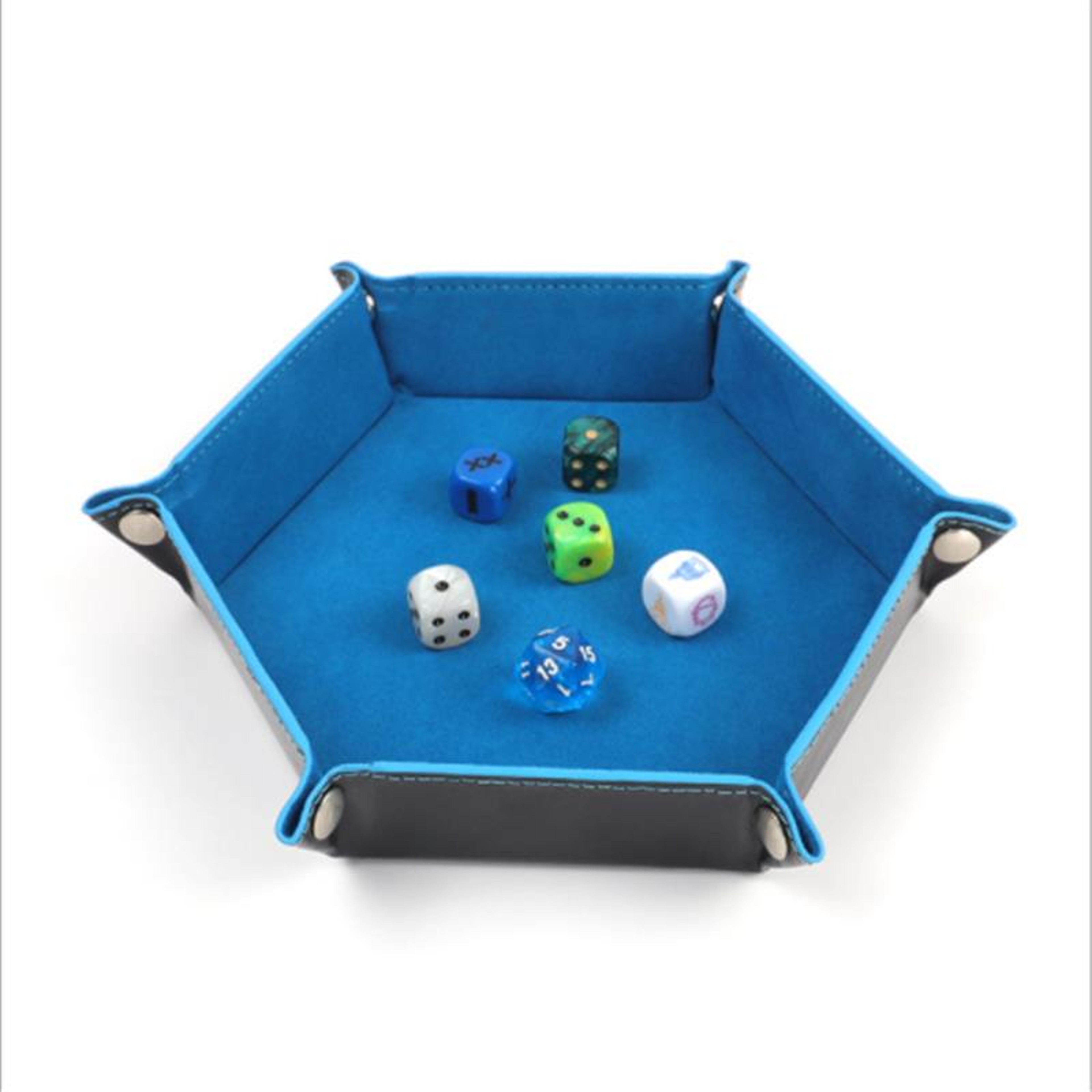 Hexagon Dice Game Storage Tray, Rolling Folding PU Leather Velvet Dice Mat – view 3