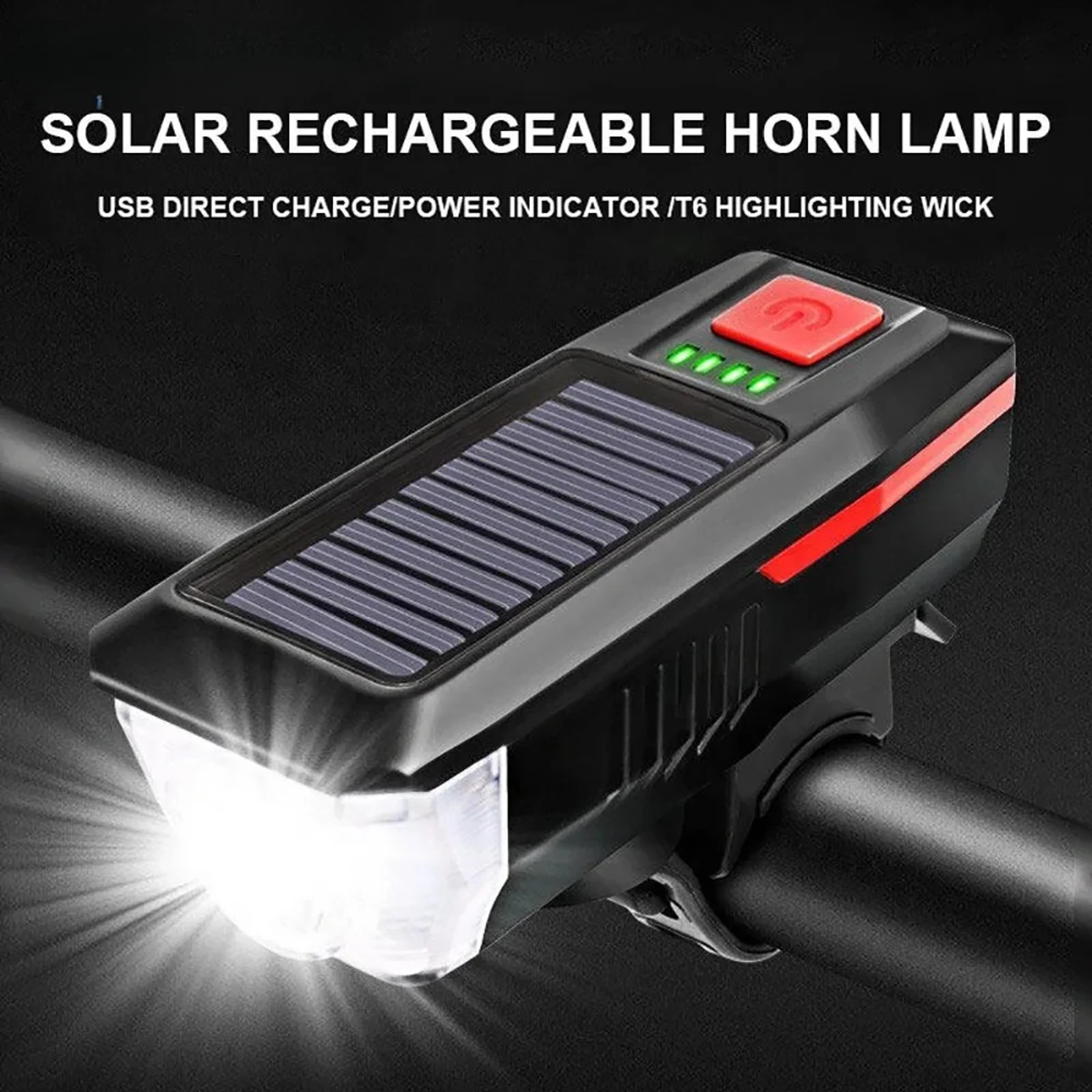 USB Rechargeable Solar Bicycle Light, Bike Front Lamp with Horn Flashlight, MTB Mountain Road Power Display Bicycle – view 1