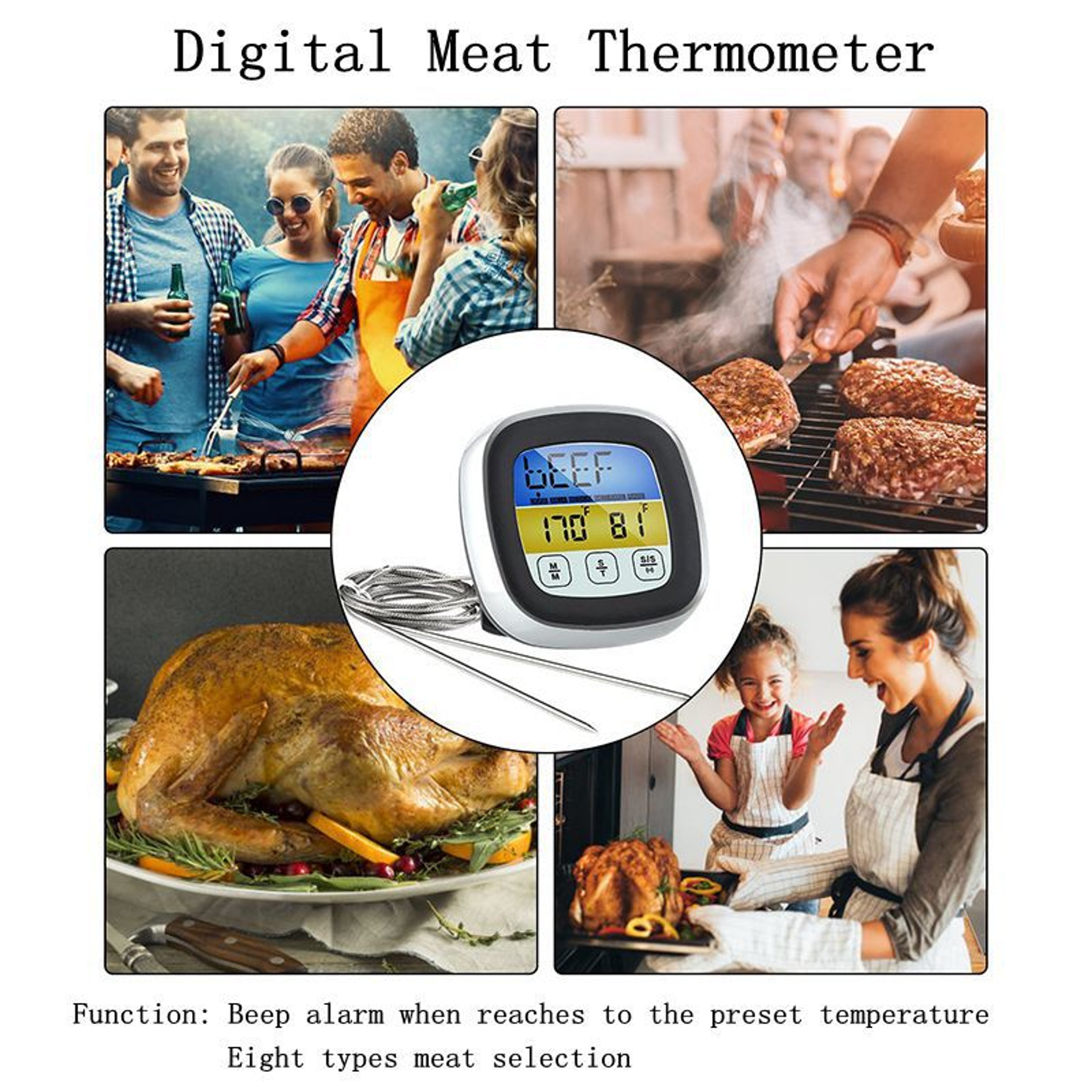 LCD Touchscreen Timer Smart Digital Meat Thermometer with Probe for BBQ Grill, Food Temperature Gauge Oven Cooking – view 4