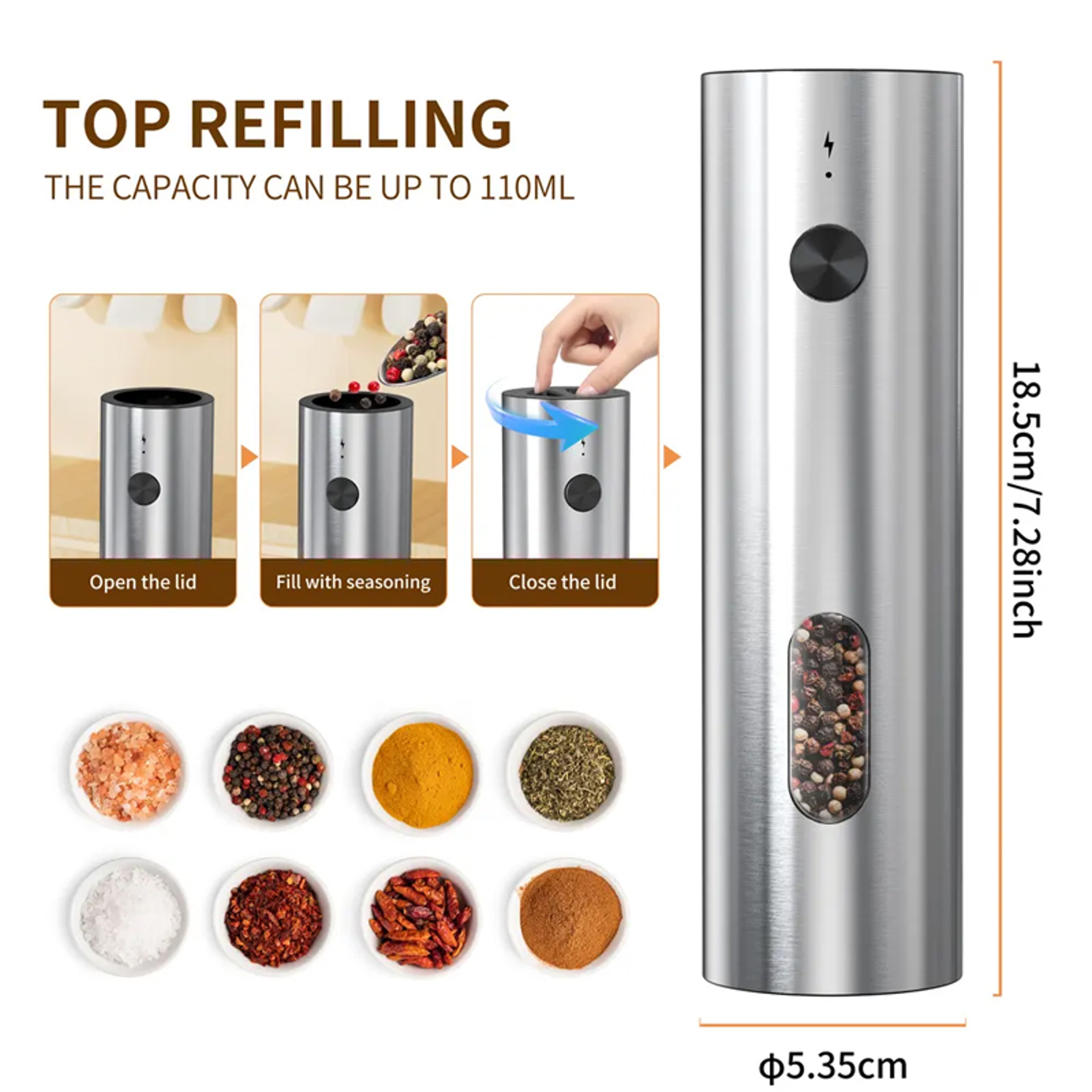 USB C Fast Charge, Stainless Steel Salt Pepper, Auto Adjustable Coarseness Grinder Set, LED Indicator Kitchen Restauran – view 2