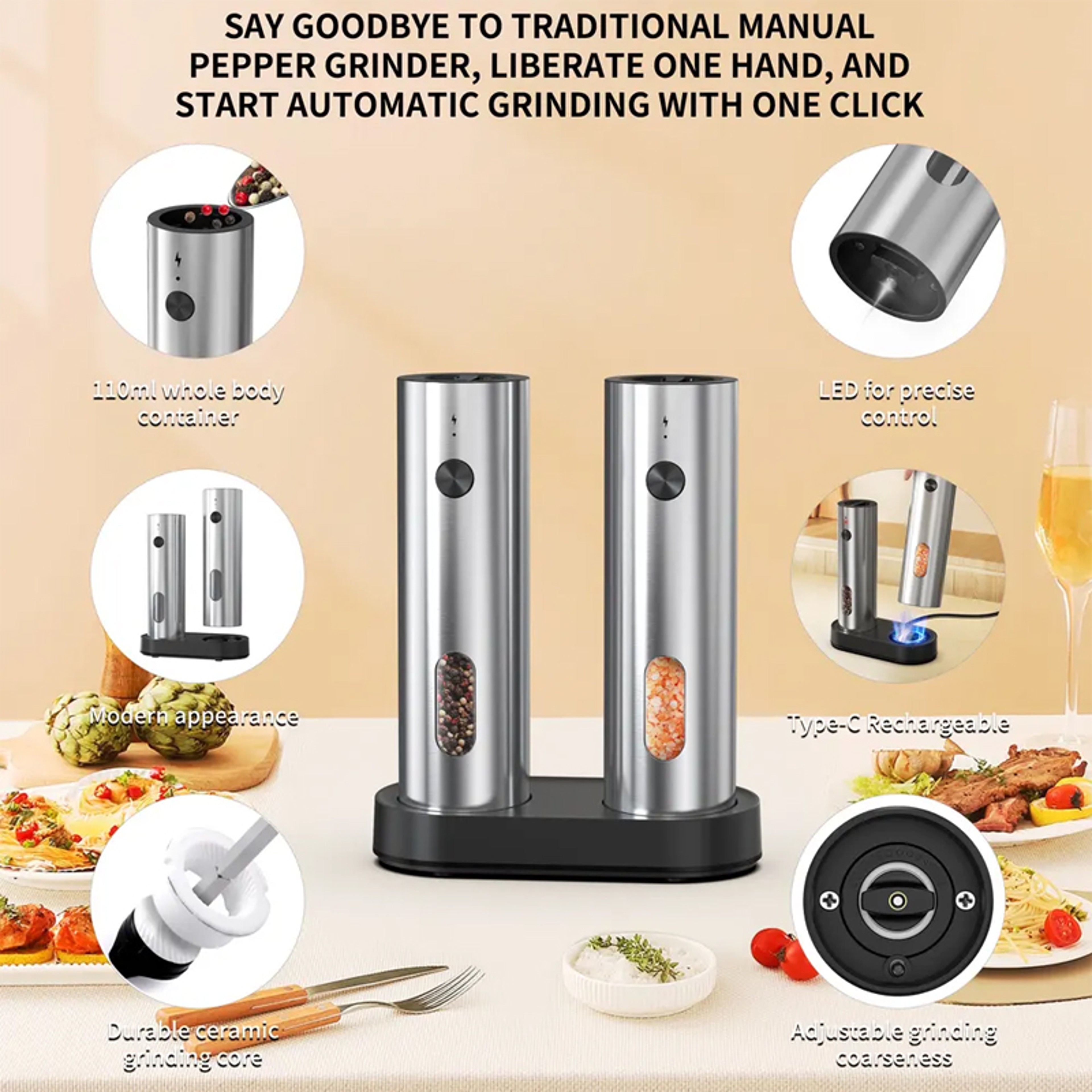 USB C Fast Charge, Stainless Steel Salt Pepper, Auto Adjustable Coarseness Grinder Set, LED Indicator Kitchen Restauran – view 4
