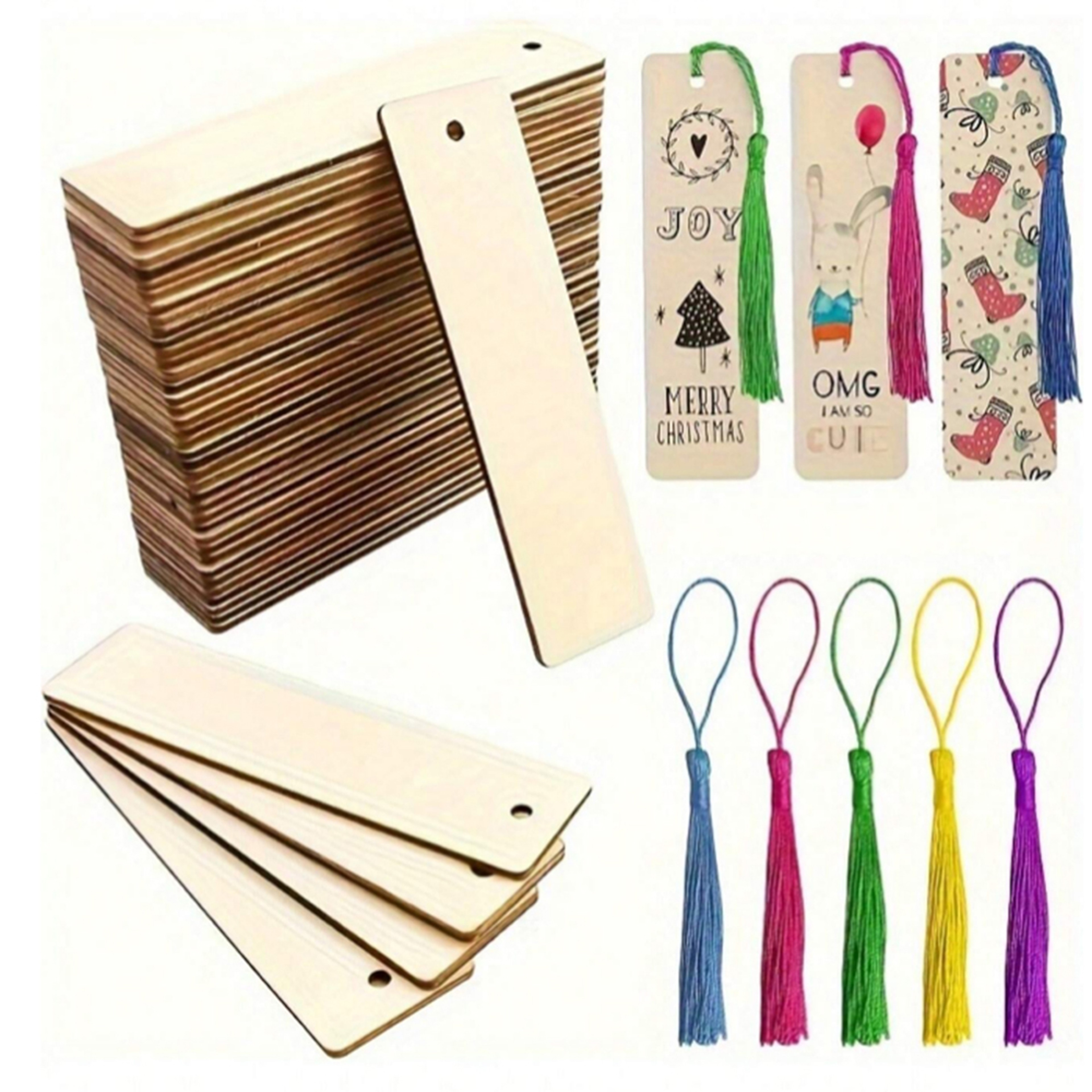 DIY Wooden Craft Bookmarks Set, Wooden Blank Bookmarks with Tassels, Square Tag Wedding Birthday Party Decor – view 1