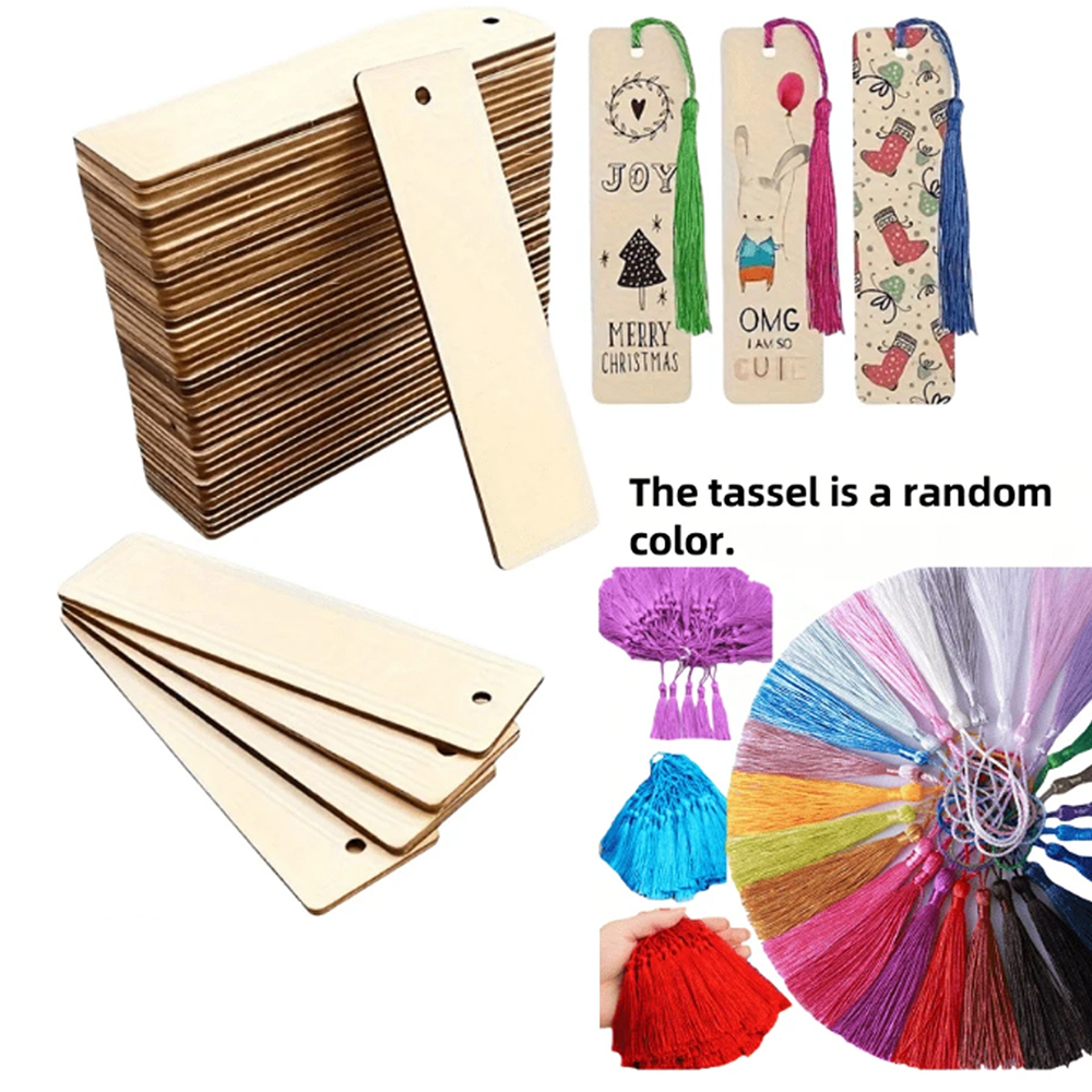 DIY Wooden Craft Bookmarks Set, Wooden Blank Bookmarks with Tassels, Square Tag Wedding Birthday Party Decor – view 5