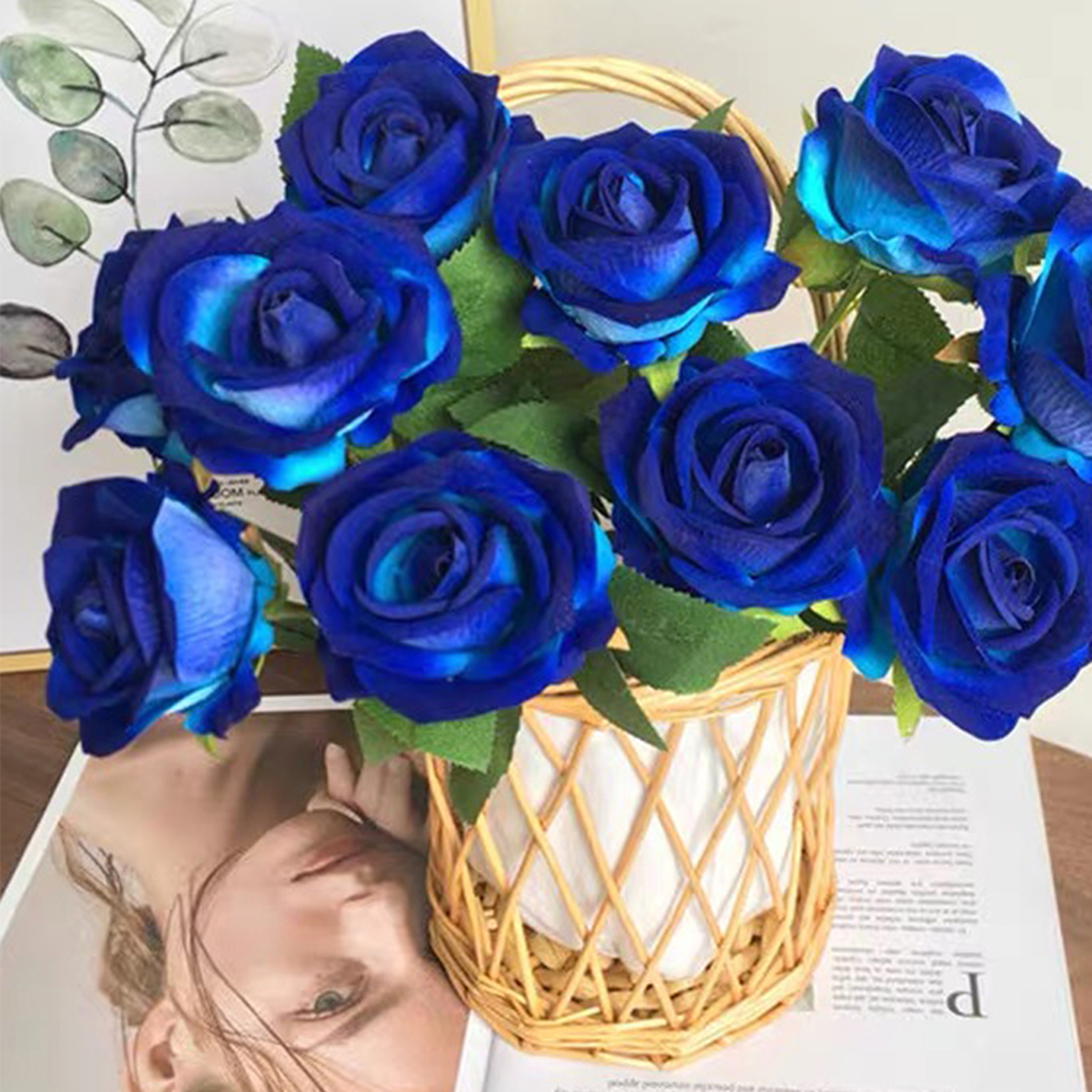 Realistic Velvet Artificial Blue Rose Bouquet, Faux Fake Flowers for Weddings, Home Decor Party Table Decor – view 2
