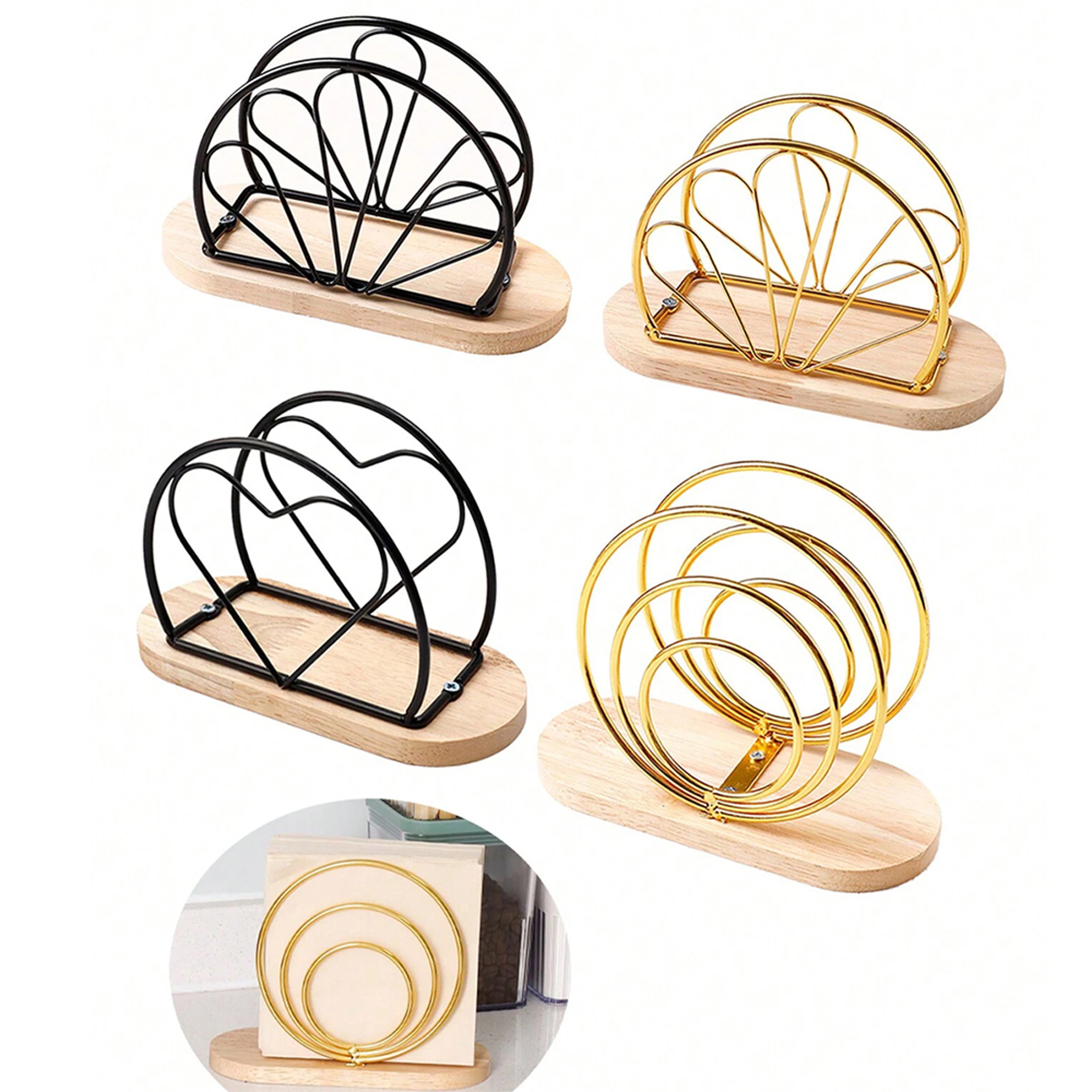 Stylish Napkin Organizer Stand with Wooden Base Metal Tissue Holder for Elegant Tabletop Decoration – view 1