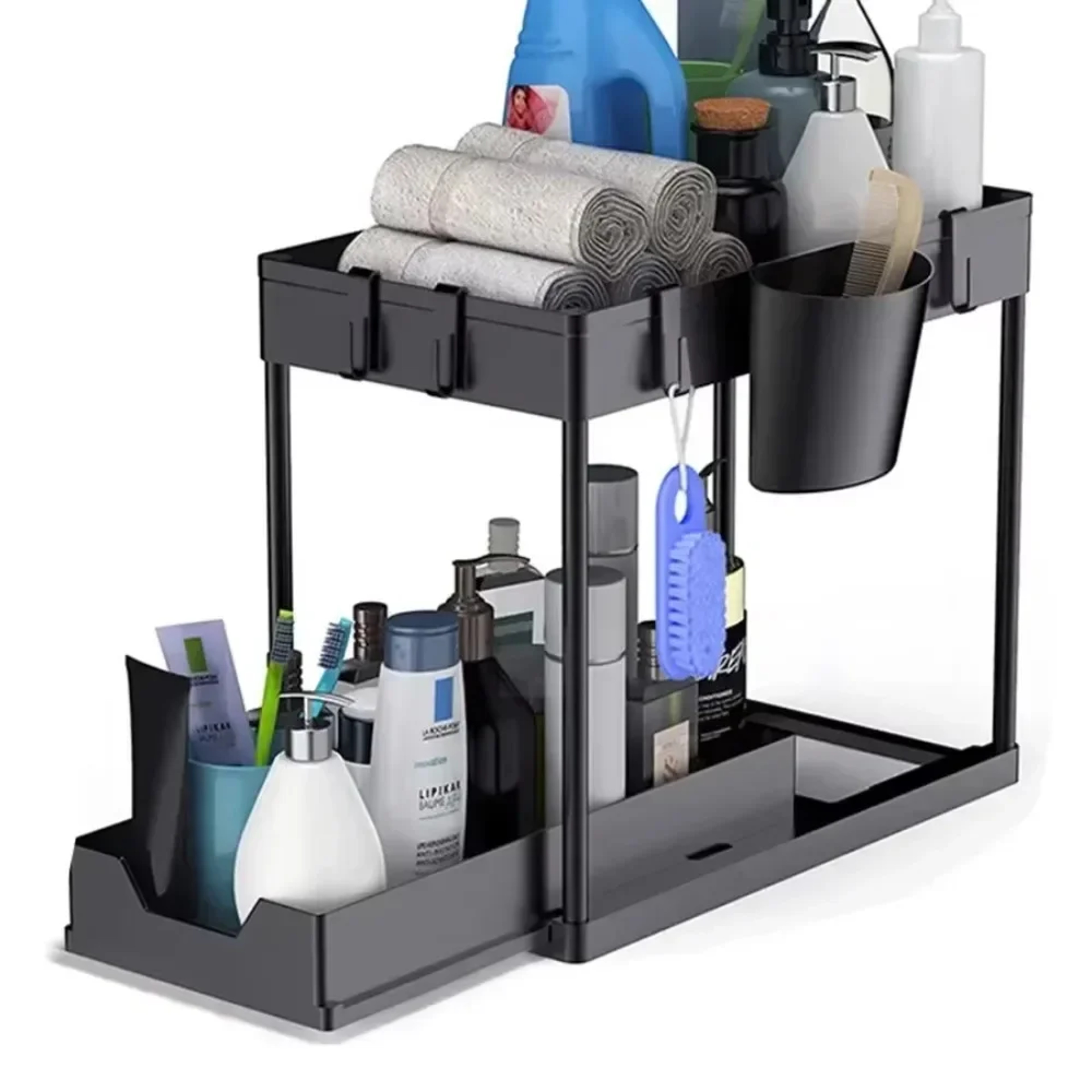 SpaceSaving Under Sink Organizer Sliding Cabinet Basket With Hooks Hanging Cup For Bathroom And Kit 3