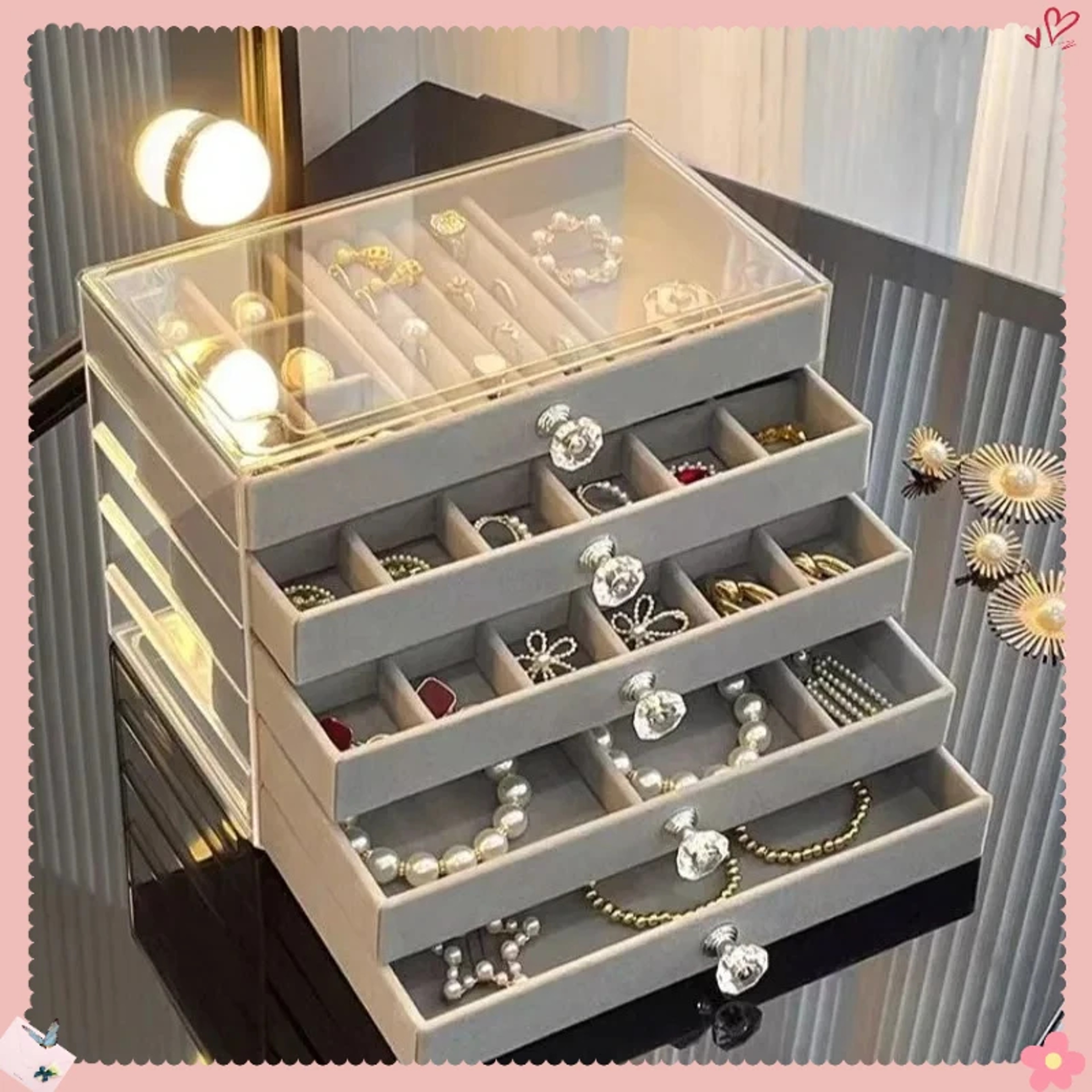 Layers Jewelry Box In Gray Large Capacity Storage For Rings Earrings AntiOxidation Jewelry Organize