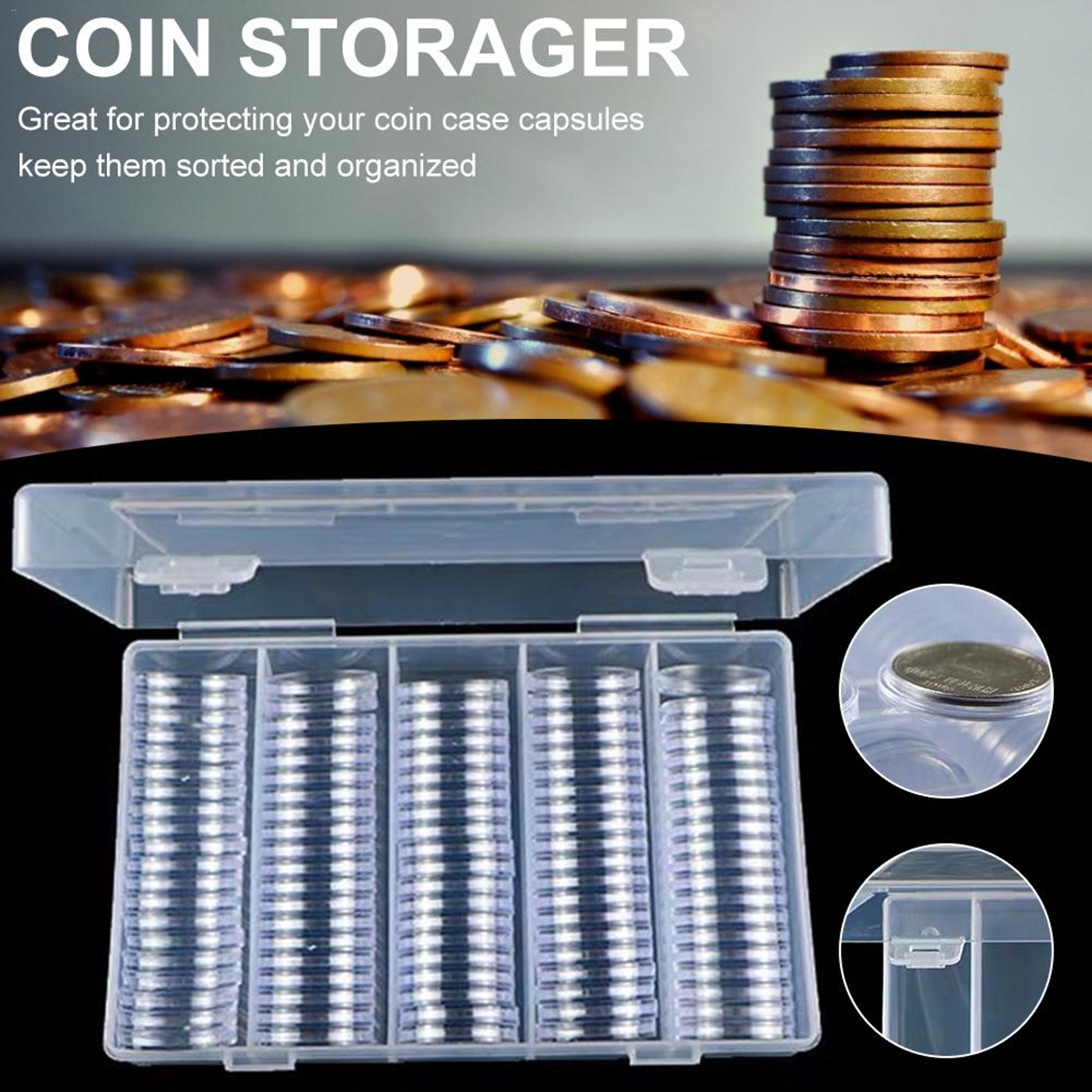 Container with Storage Organizer Box, Foam Gasket for Coin Display, Plastic Coin Holder Capsules – view 2