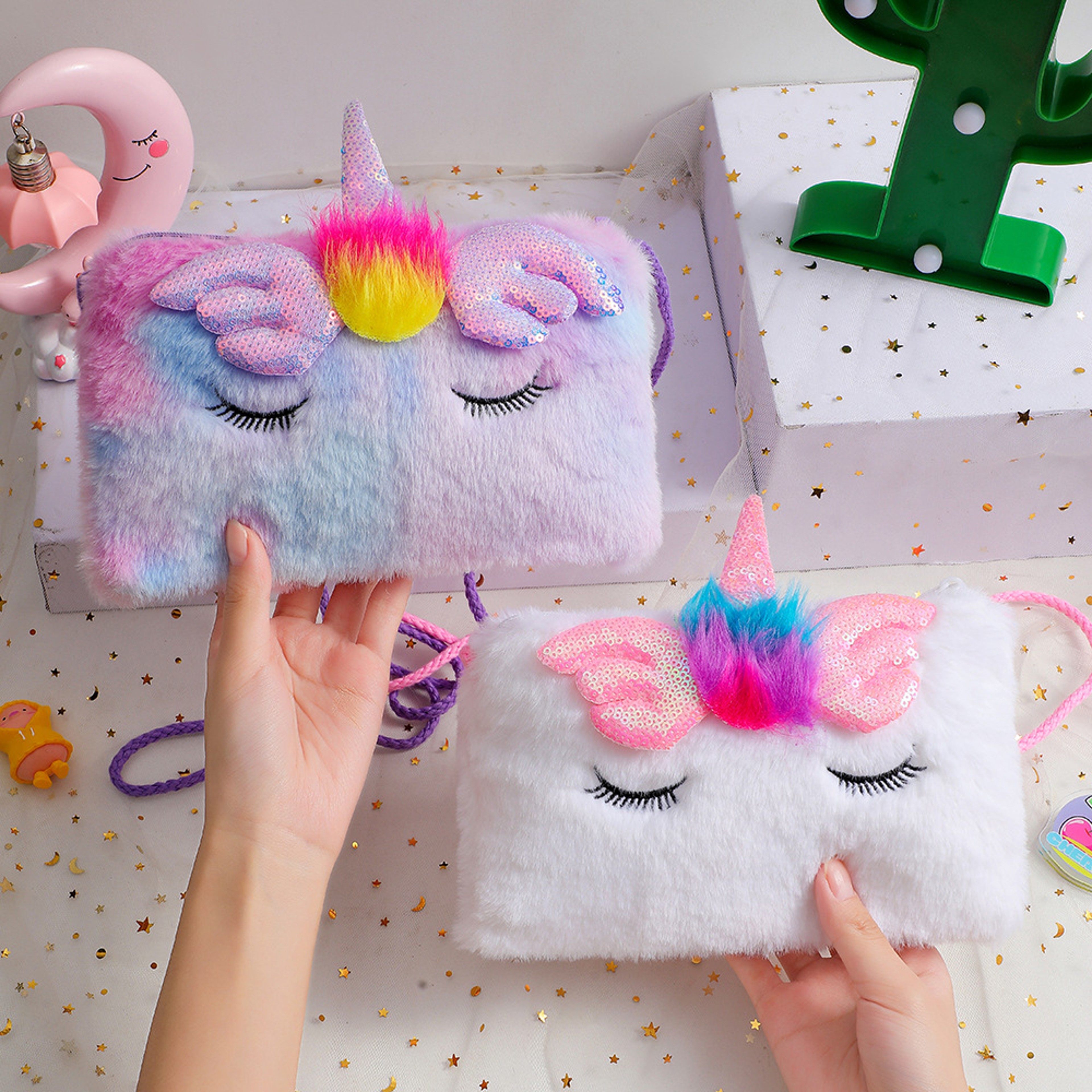 Childrens Plush Crossbody Bag Plush Unicorn Square Squint Shoulder Bag For Kindergarten Girls Carto 1