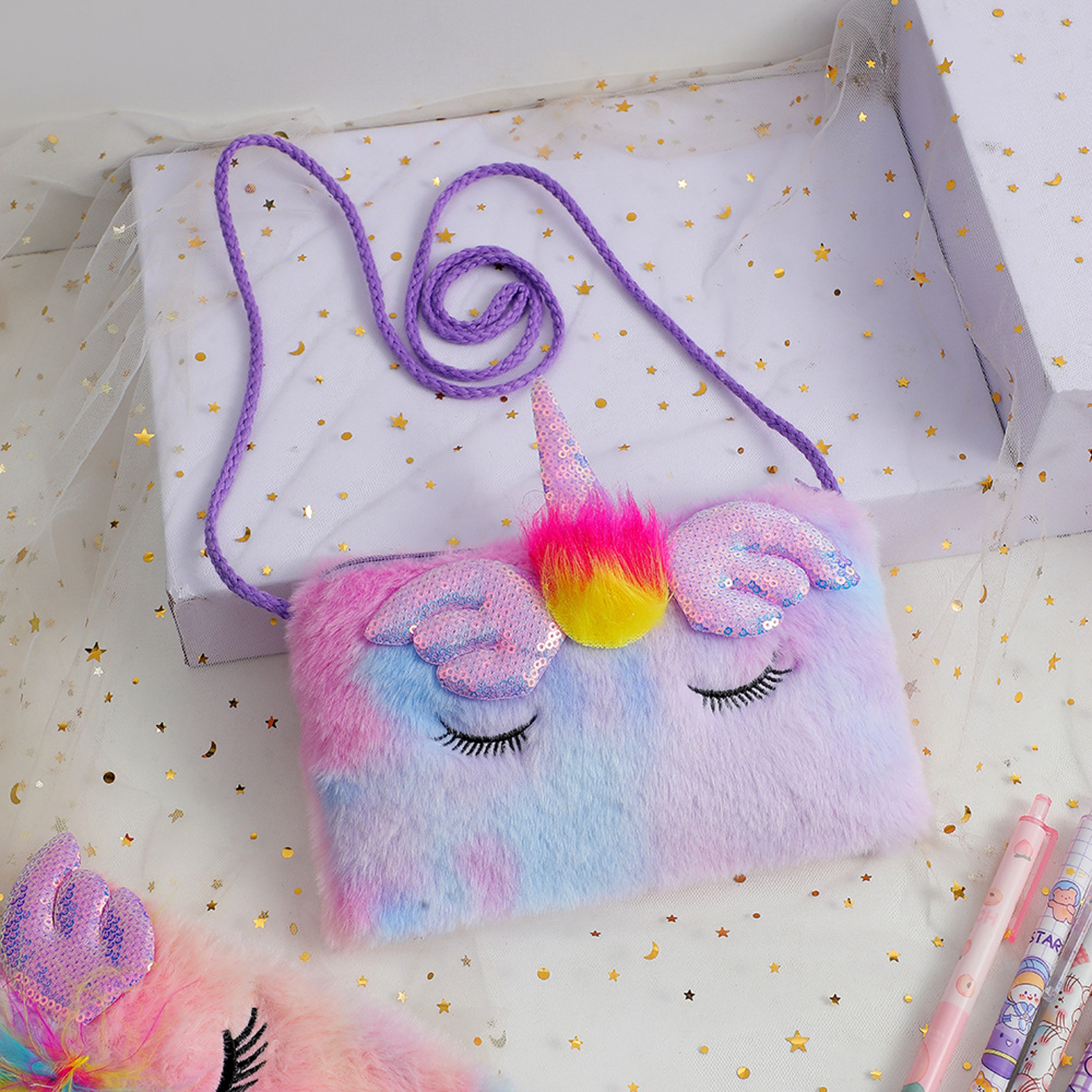 Childrens Plush Crossbody Bag Plush Unicorn Square Squint Shoulder Bag For Kindergarten Girls Carto 6