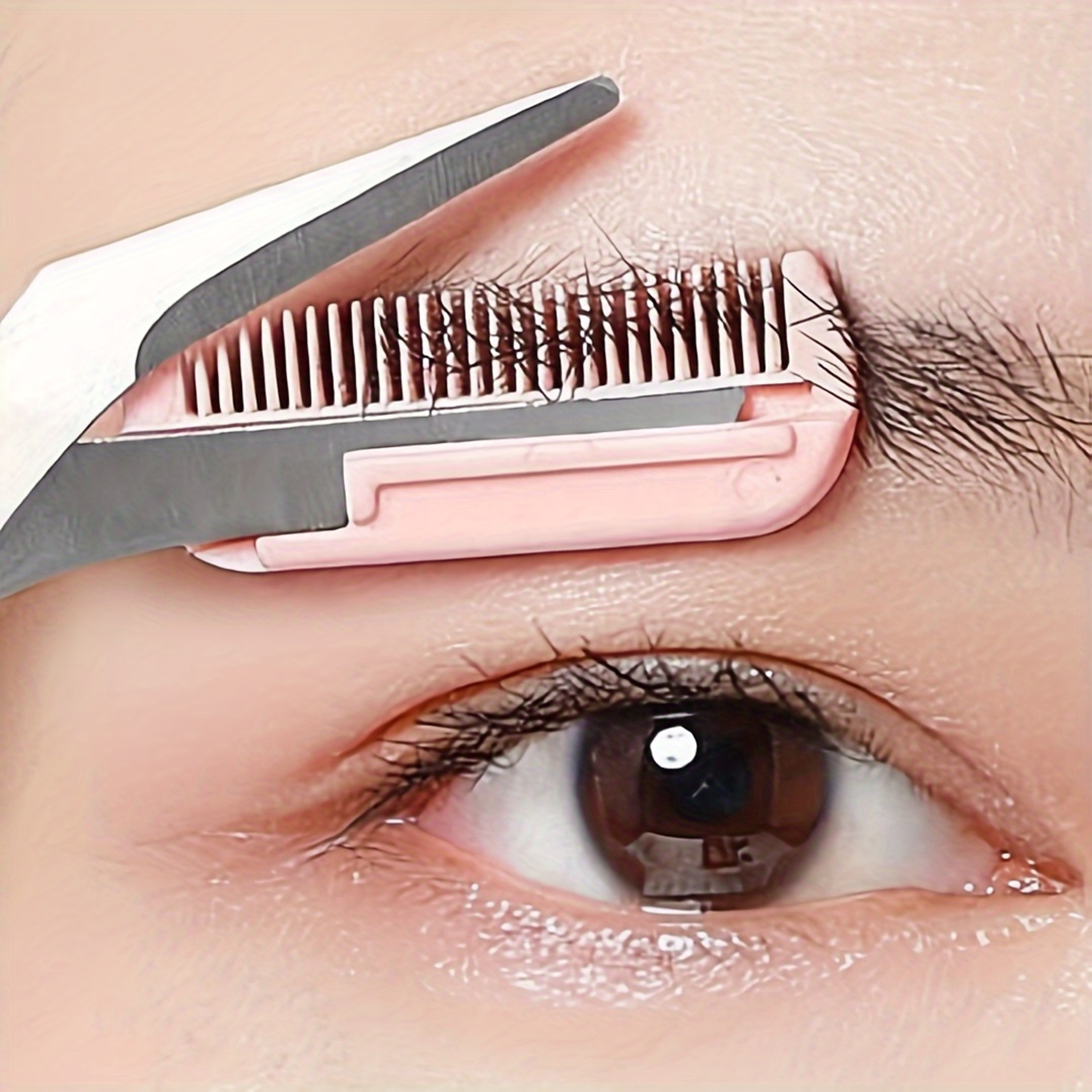 Stainless steel pink eyebrow trimming scissors with built-in comb for precise grooming and perfect eyebrows – view 1