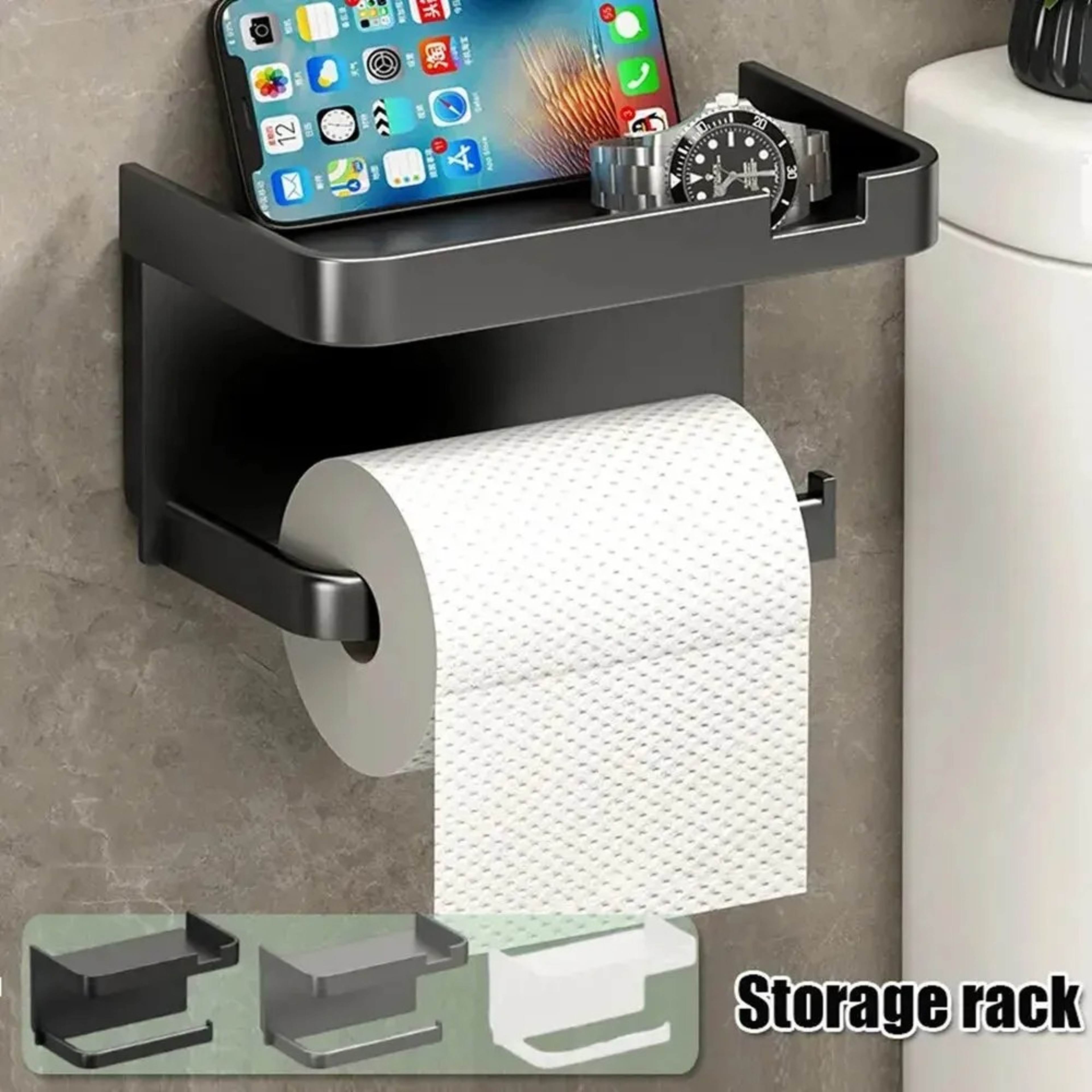 Plastic Toilet Paper Holder with Phone Storage, Kitchen Towel Placement, Seasoning Rack for Bathroom Wall – view 1