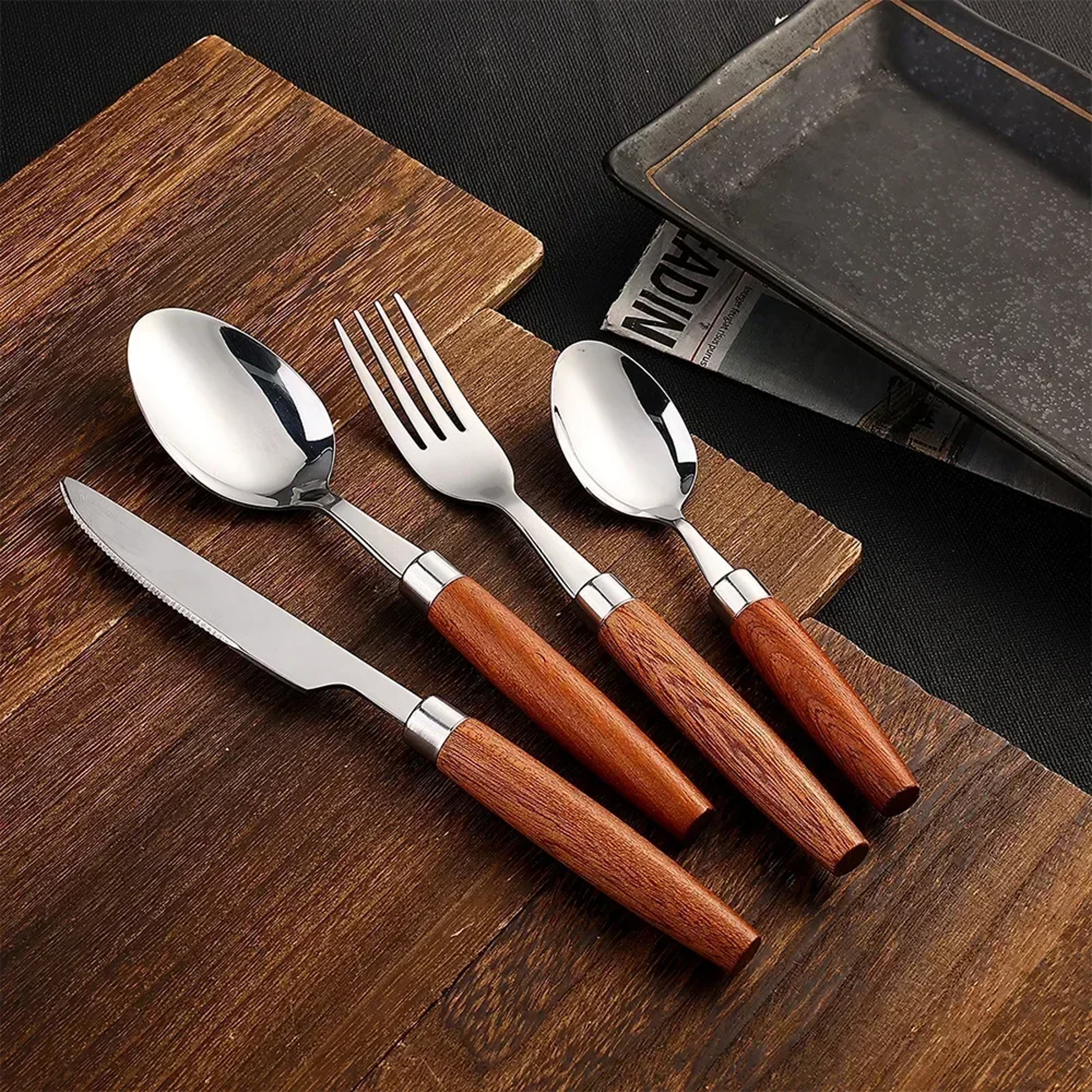 Dishwasher Safe Wooden Handle Cutlery Set, Sapele Wooden Western Flatware, Stainless Steel Knife Fork Spoon Suit – view 8
