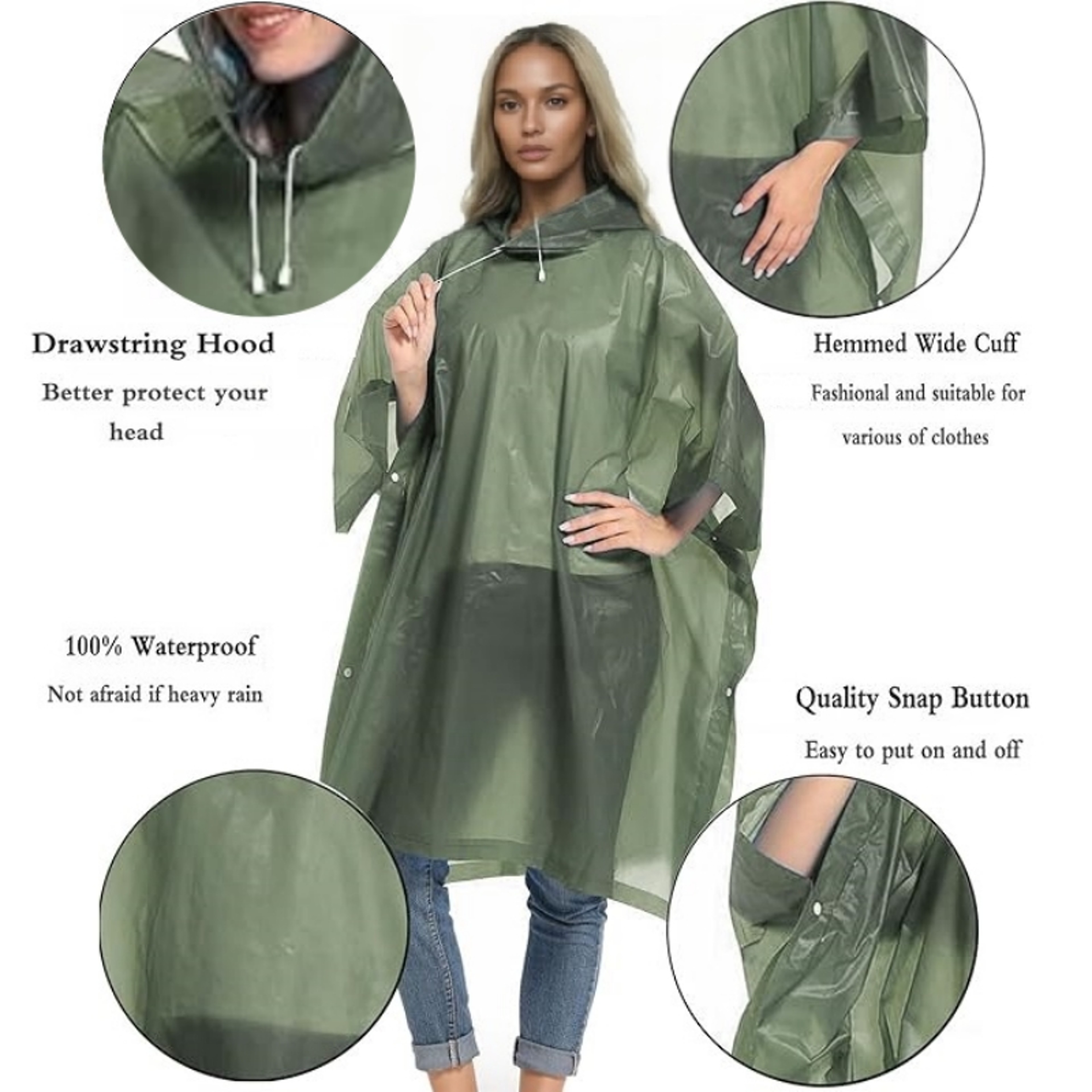Hood Waterproof Thicken Poncho, Reusable Raincoat with Drawstring, Travel Bicycle Ponchos, Adults Outdoor Rain Coat – view 3