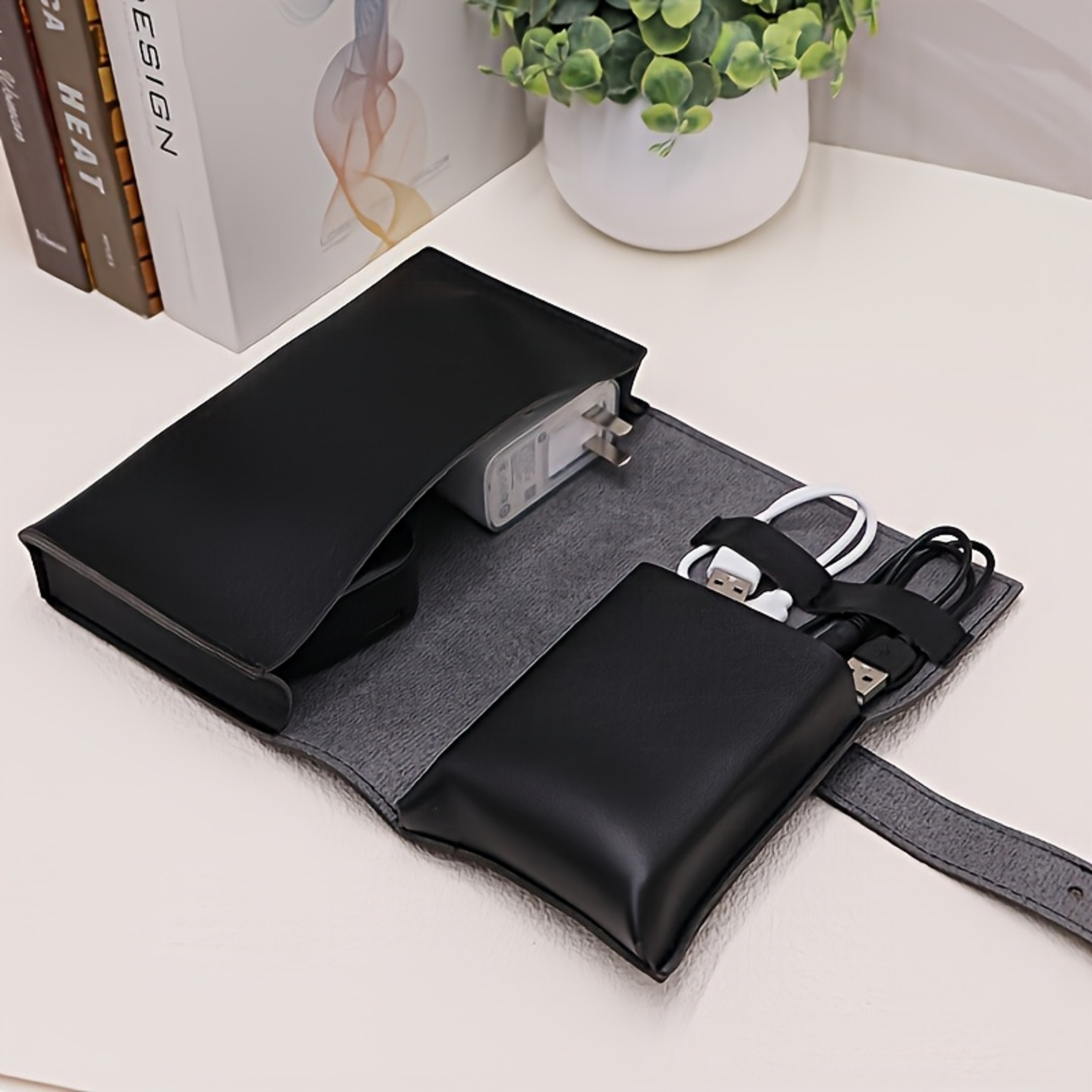 ortable Leather Tech Accessories Case with Multi-Compartment Organizer for Cables, Chargers, Pens - Durable Travel – view 8