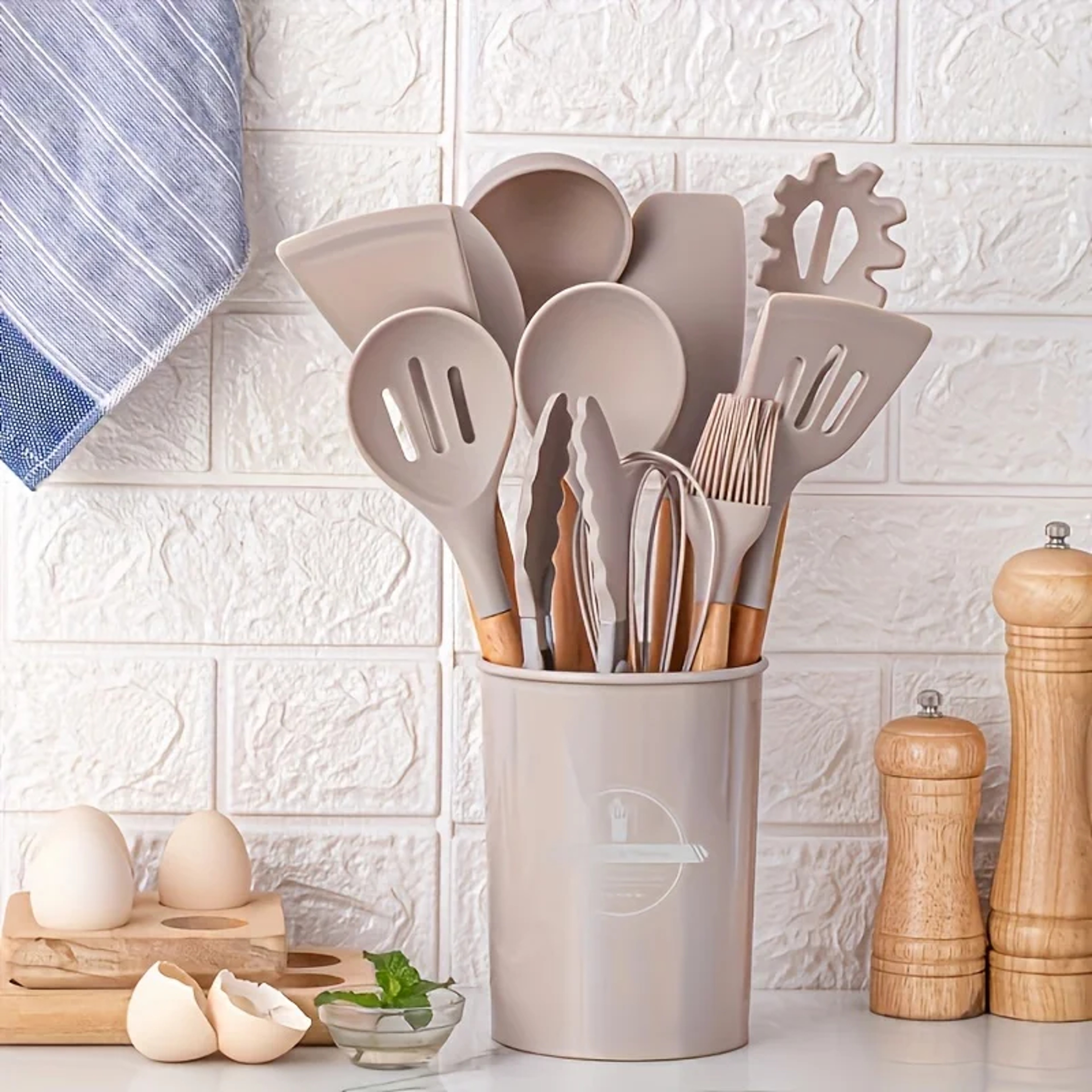 Non-Stick Silicone Kitchen Utensil Set with Wooden Handles, Ladle, Whisk, Spatula & Storage Rack for Cooking and Baking – view 1