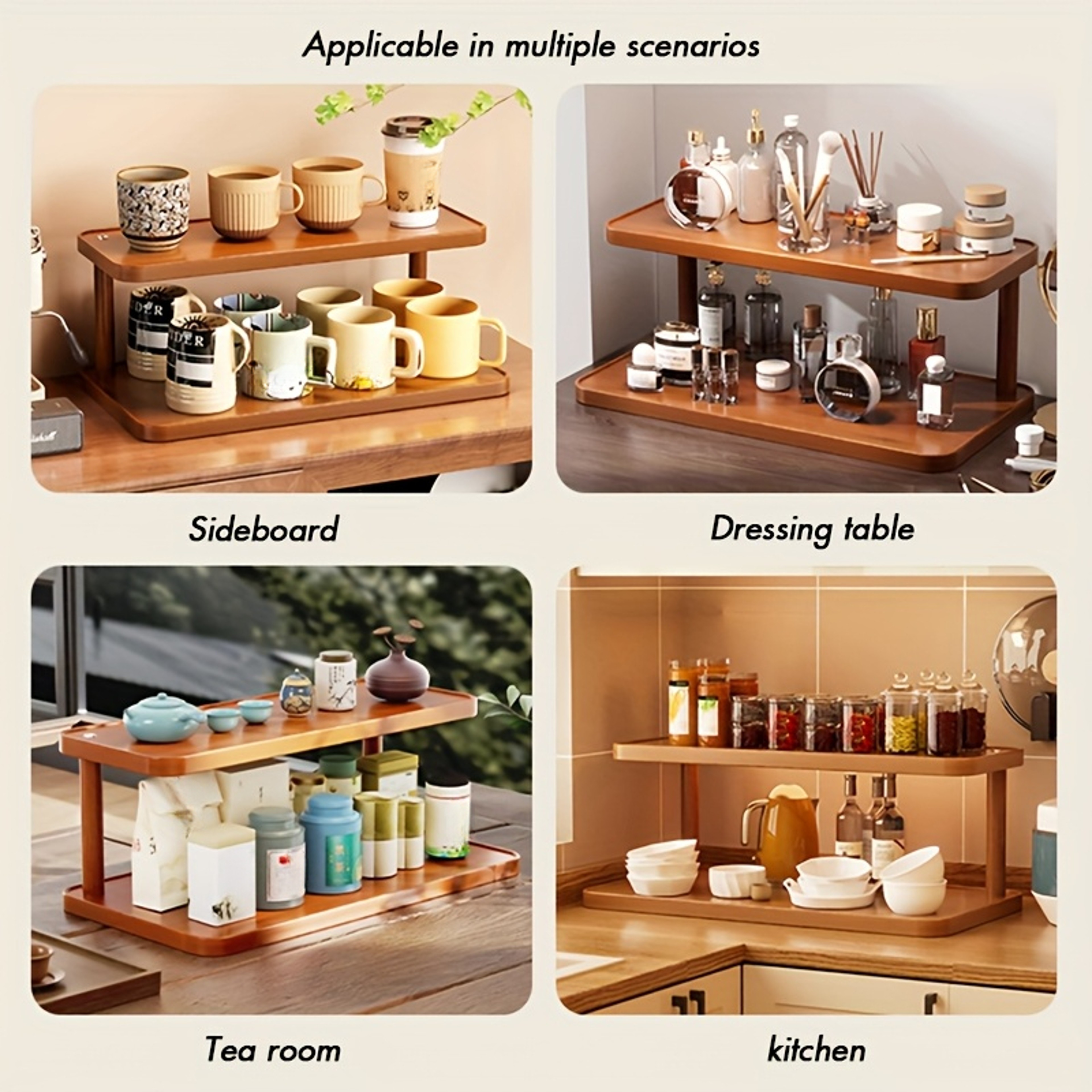 Versatile Wooden Storage Rack, Decorative Handles Countertop Organizer for Kitchen & Tea Room, Perfect for Spices – view 3