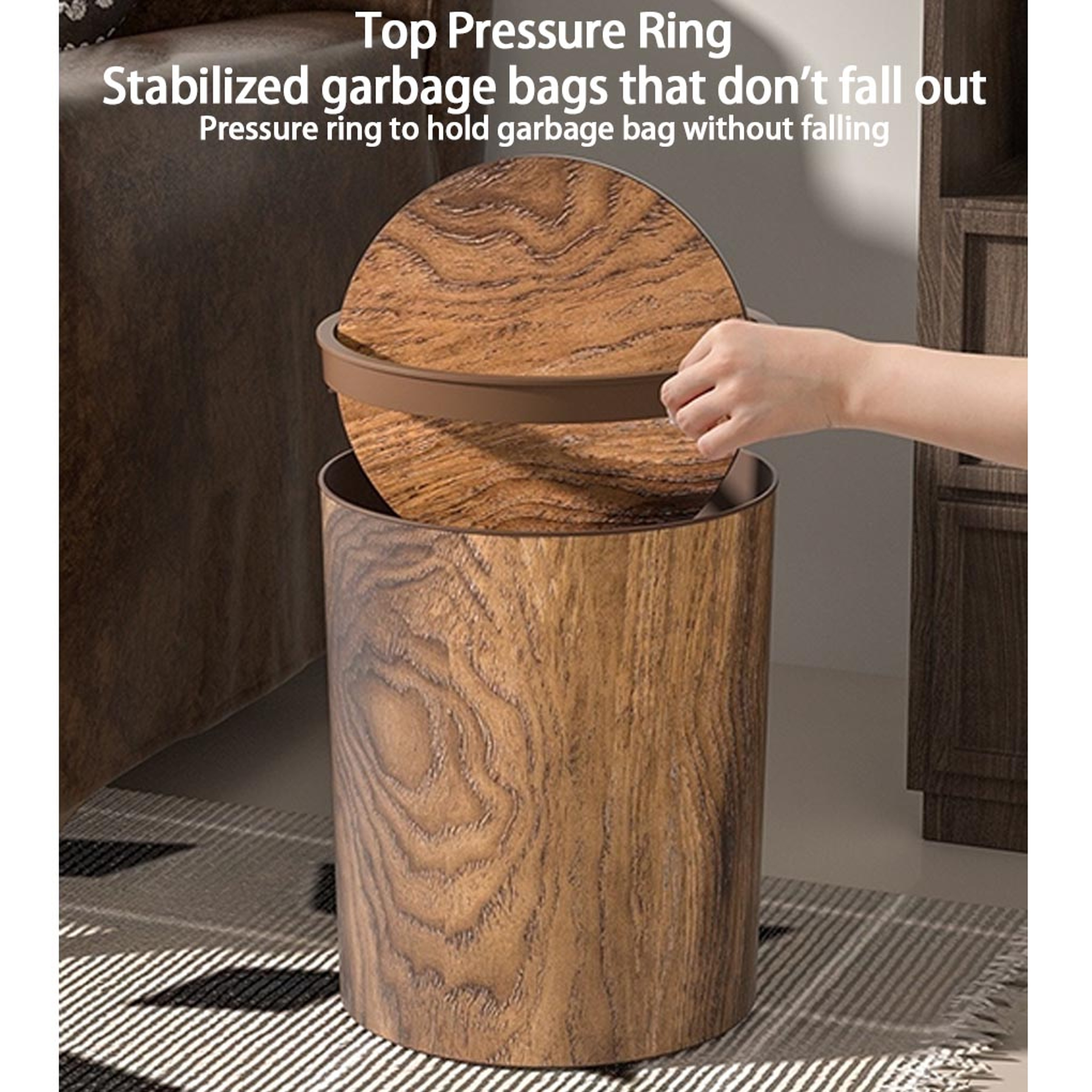 Office Wastebasket With Swing Lid Imitation Wood Kitchen Garbage Container Bin For Home  Bathroom 3