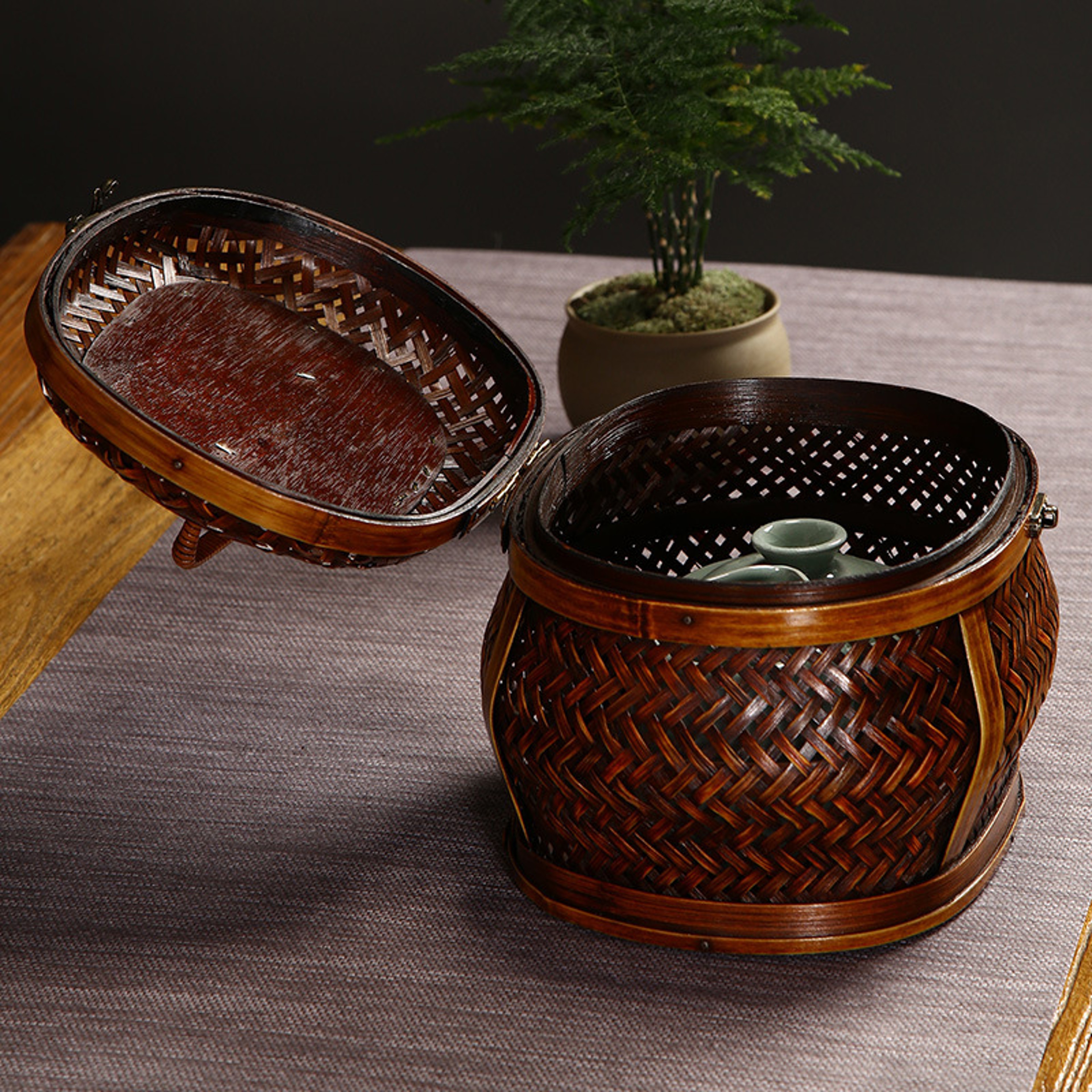 Antique Tea Set Organizer Handmade Vintage Bamboo Woven Storage Box With Lid Cosmetic Jewelry Decor 3