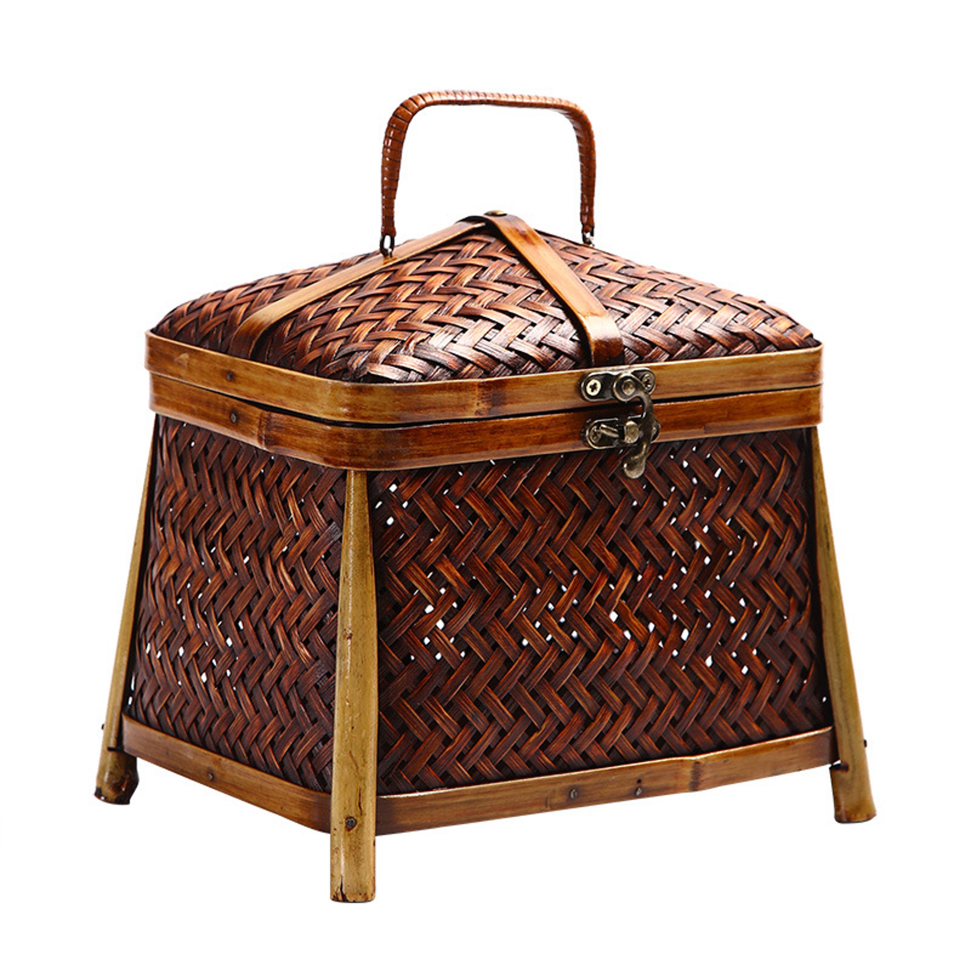Antique Tea Set Organizer Handmade Vintage Bamboo Woven Storage Box With Lid Cosmetic Jewelry Decor 4