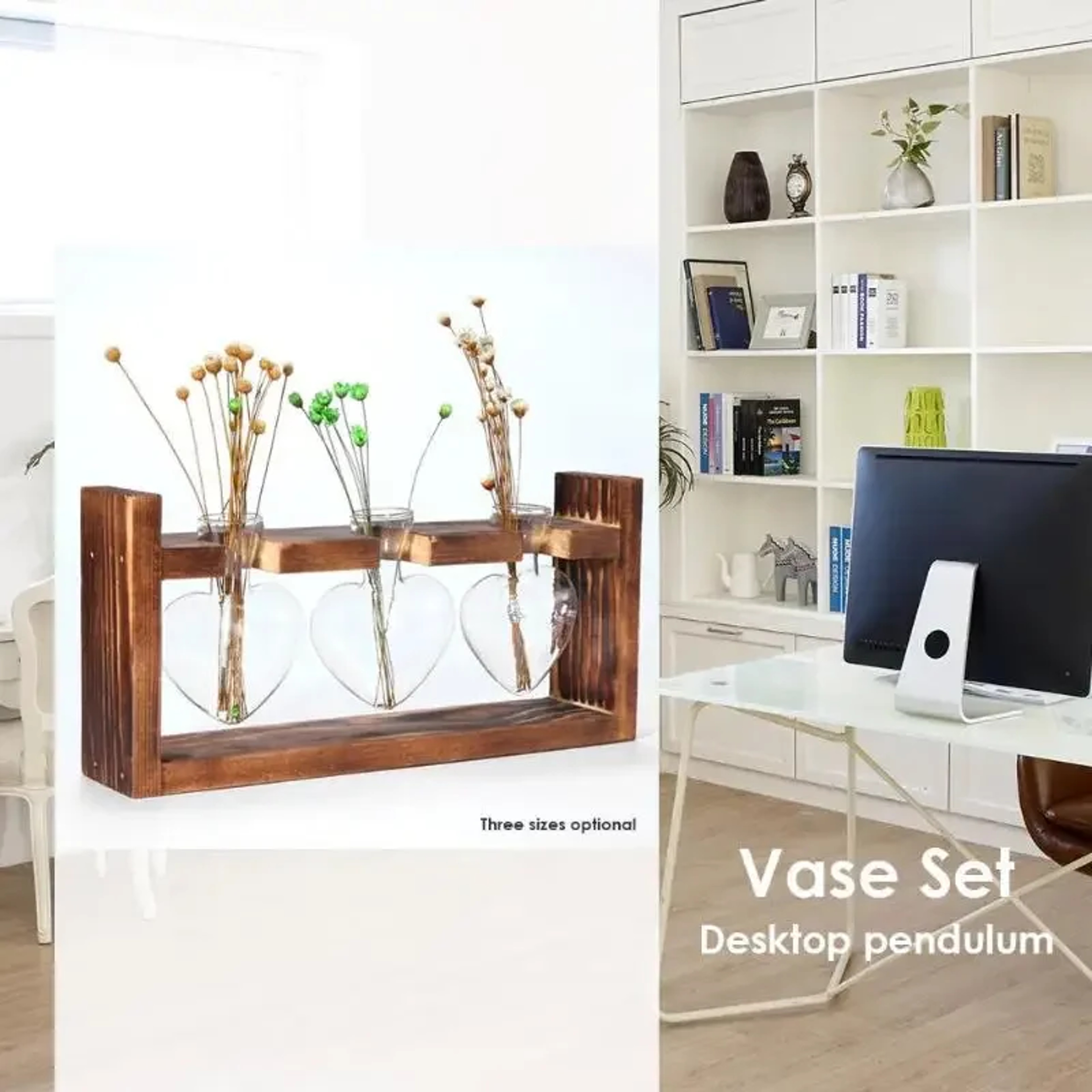 Heart Shape Wooden Frame Glass Vase Vintage Bonsai Hydroponic Plant Vase For Wedding 3