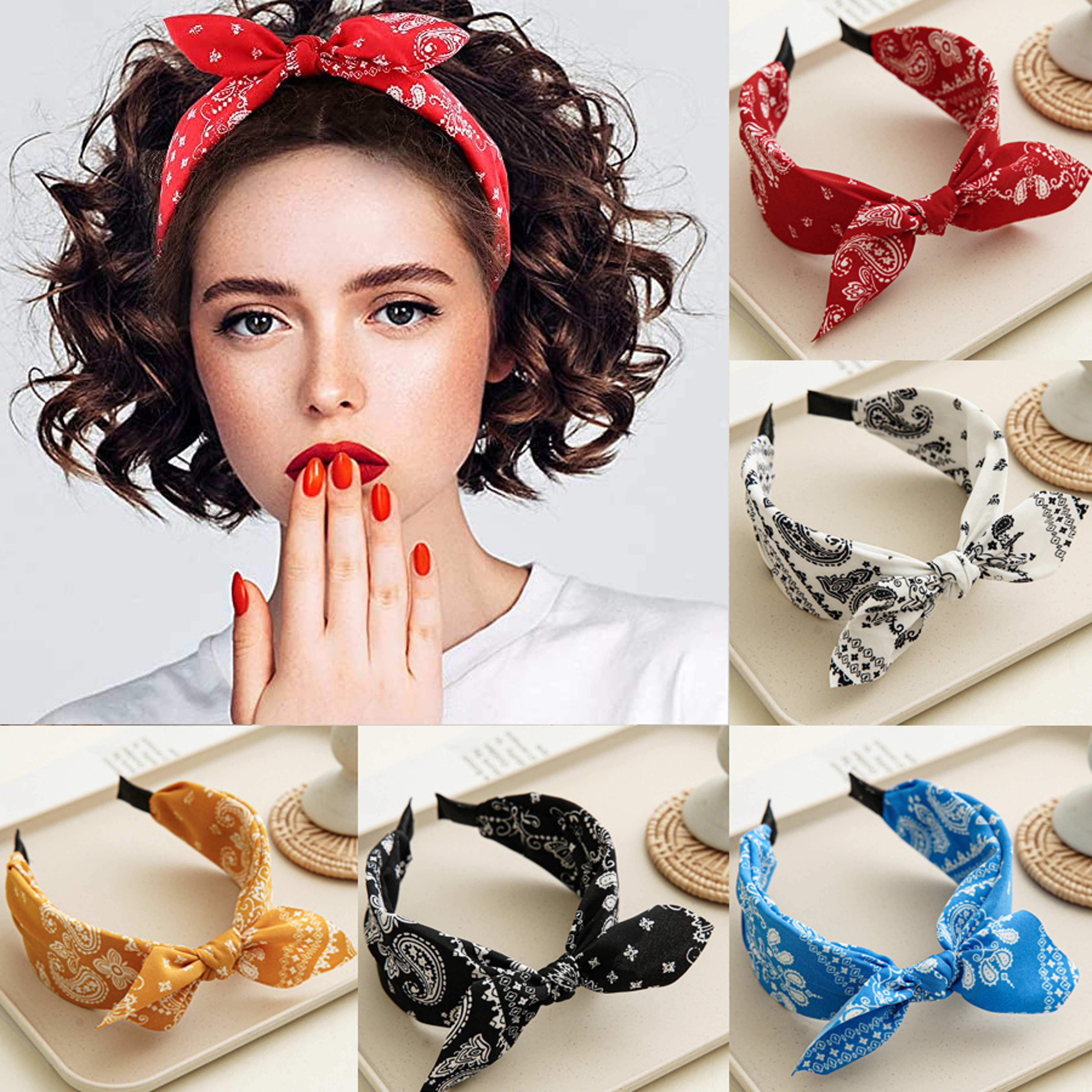 Fashion Paisley Bandana Headband for Women, Cute Rabbit Ear Hair Band, Top Knotted Bow Turban Headwrap Accessories – view 1