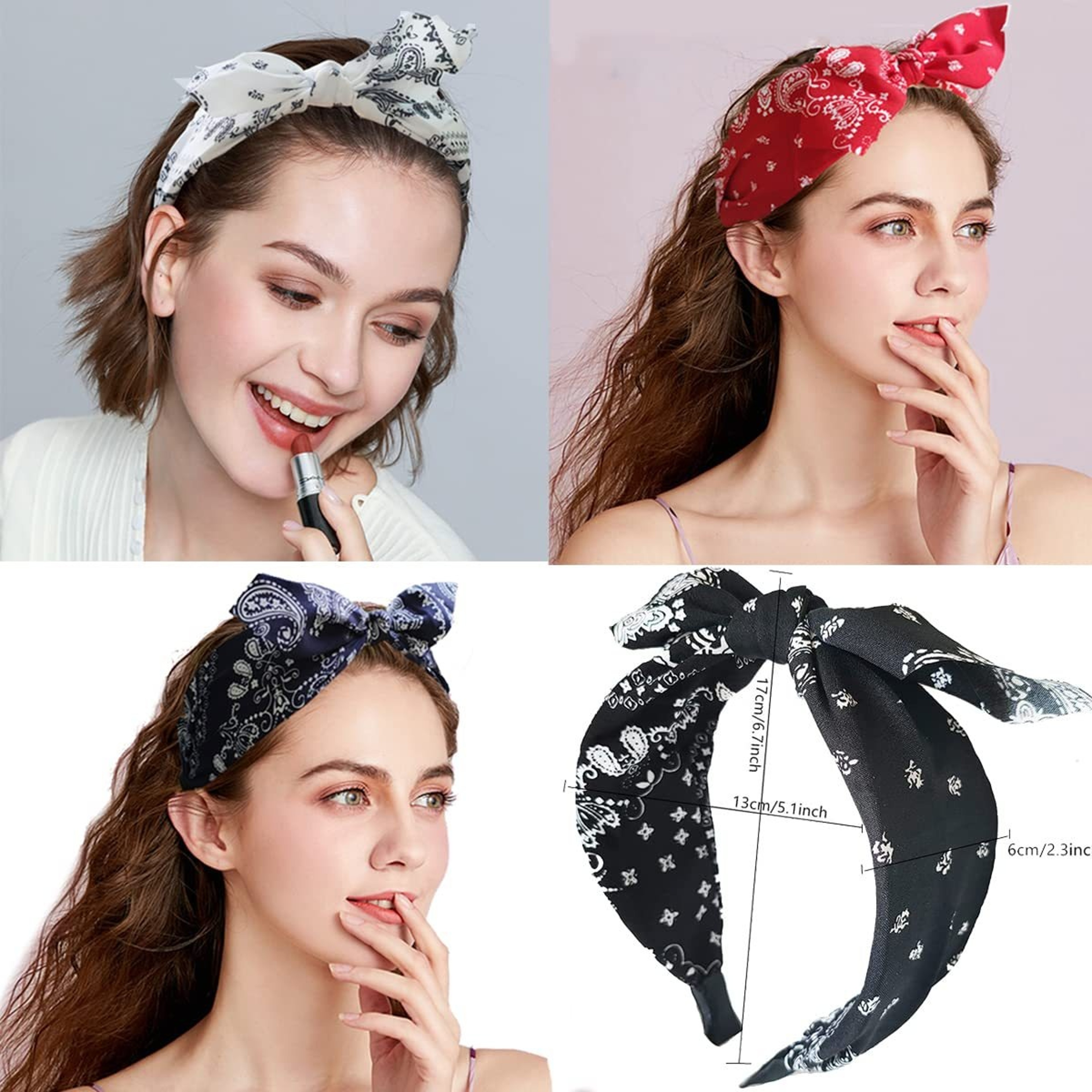 Fashion Paisley Bandana Headband for Women, Cute Rabbit Ear Hair Band, Top Knotted Bow Turban Headwrap Accessories – view 3