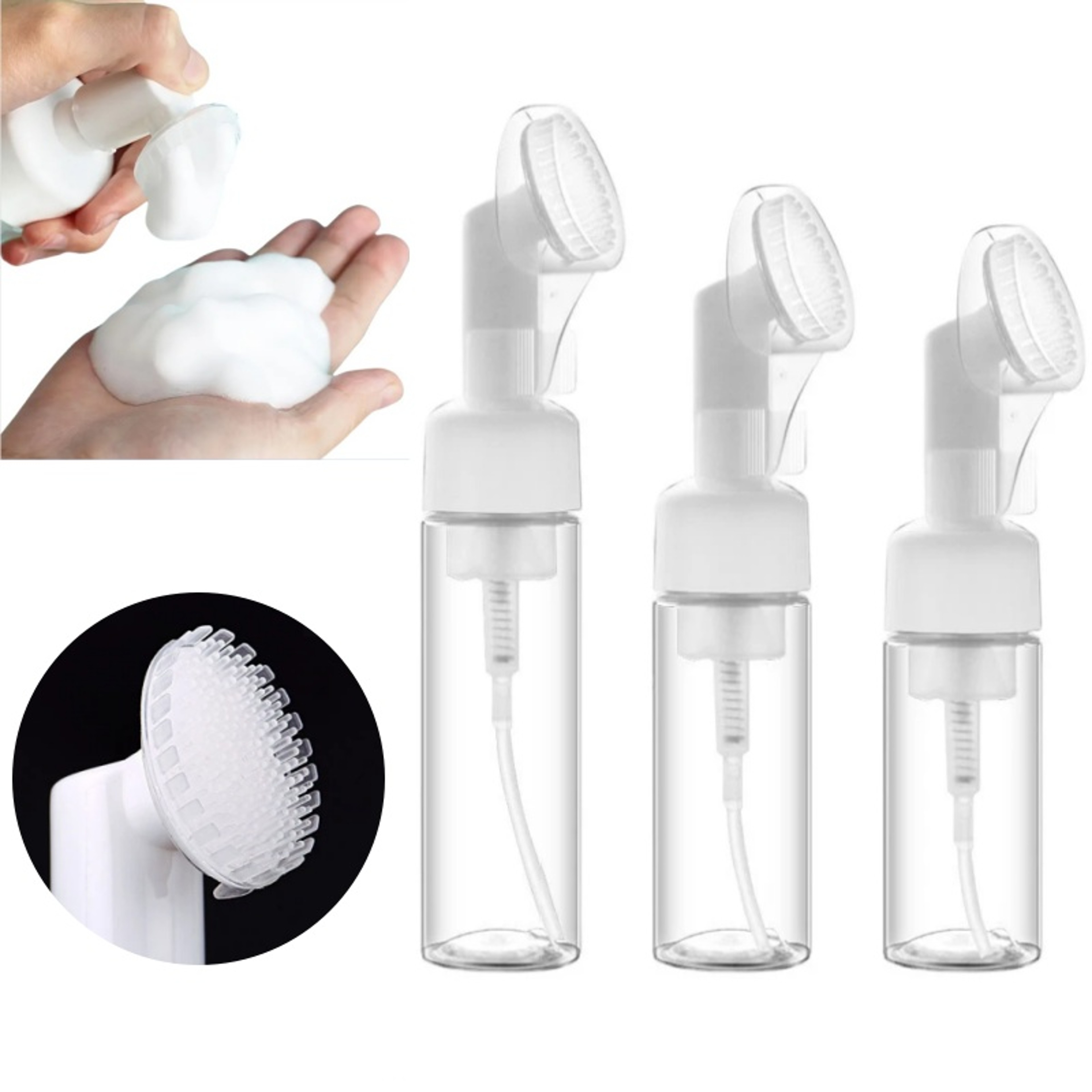 Facial Cleanser Soap Foaming Bottle, Plastic Mousse Pump Dispenser with Silicone Brush Head, Refillable Shampoo Bottle – view 1