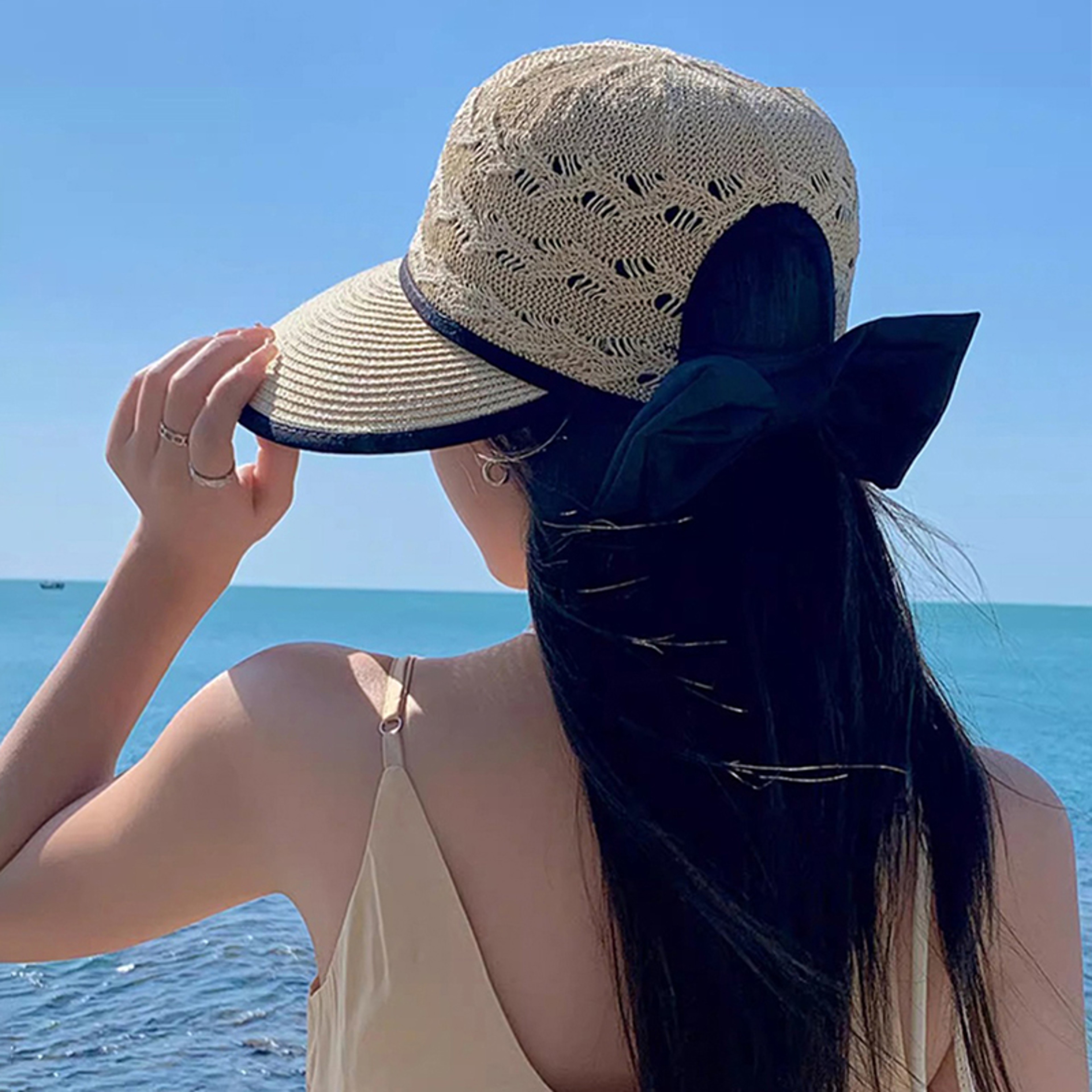 Outdoor Sun Protection Women Hats Solid Color Ladies Panama Caps With Wide Brim And Bowknot 2