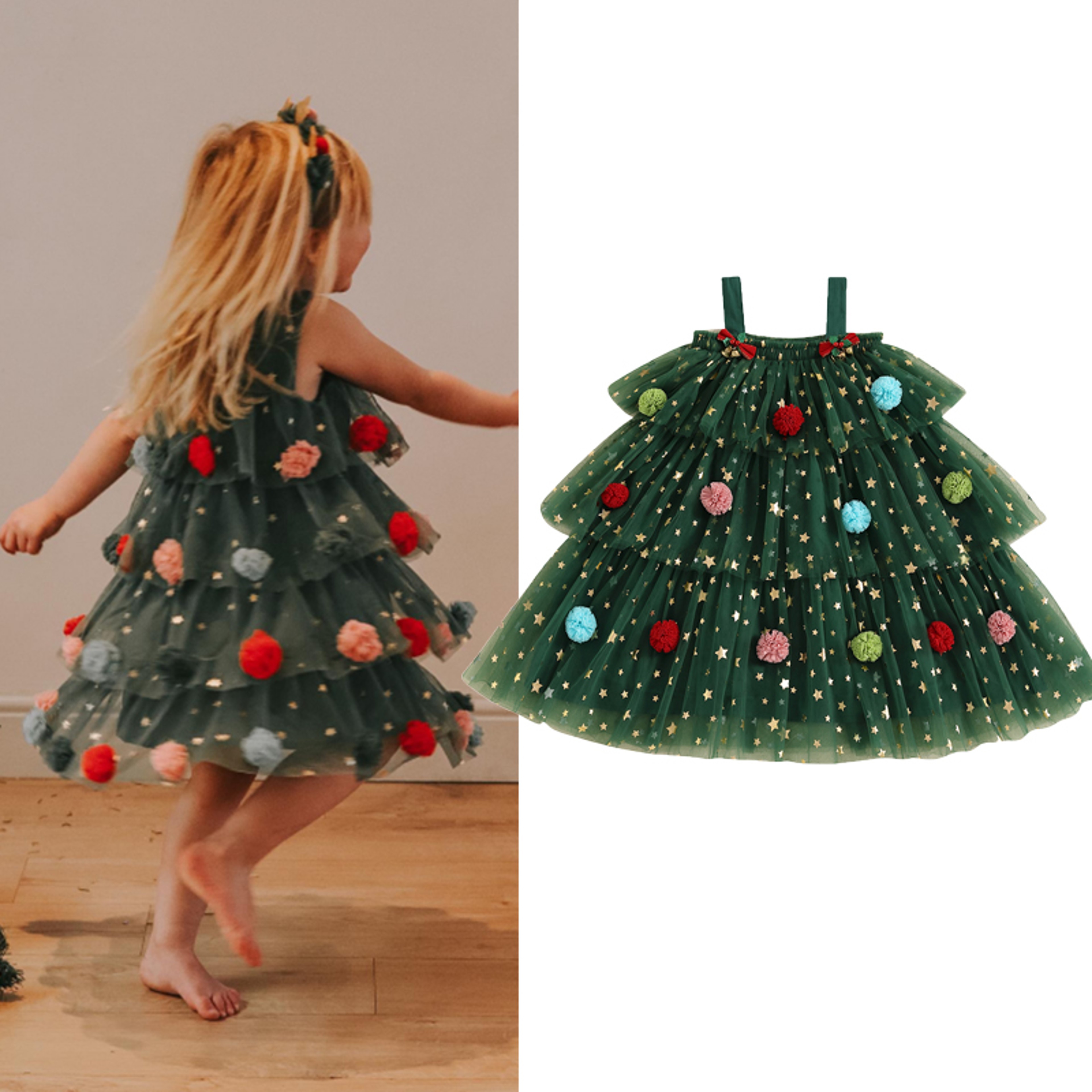 Star Lace Layered Tulle Sundress, Girls Christmas and Valentines Dress with Plush Ball Strap – view 1