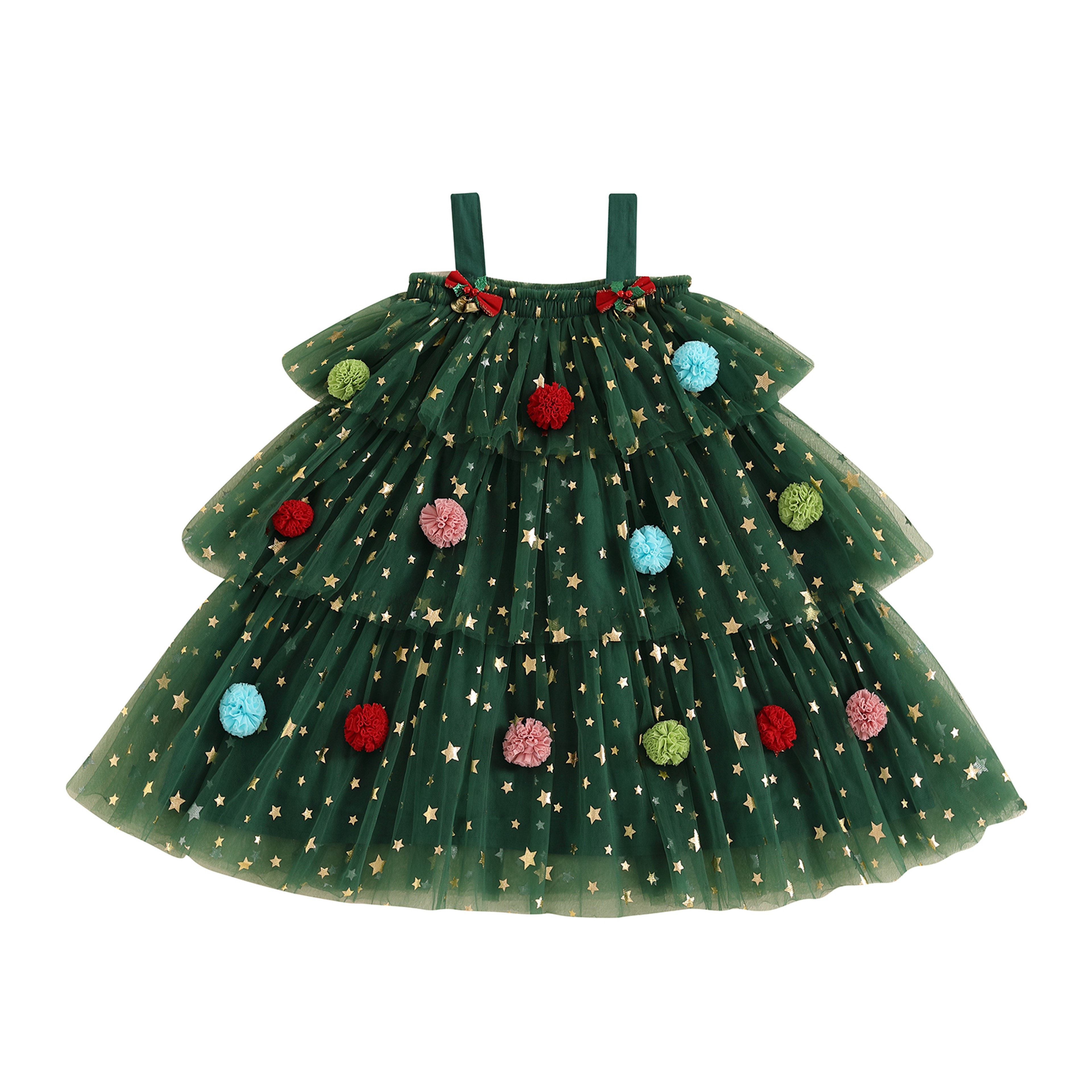 Star Lace Layered Tulle Sundress, Girls Christmas and Valentines Dress with Plush Ball Strap – view 14