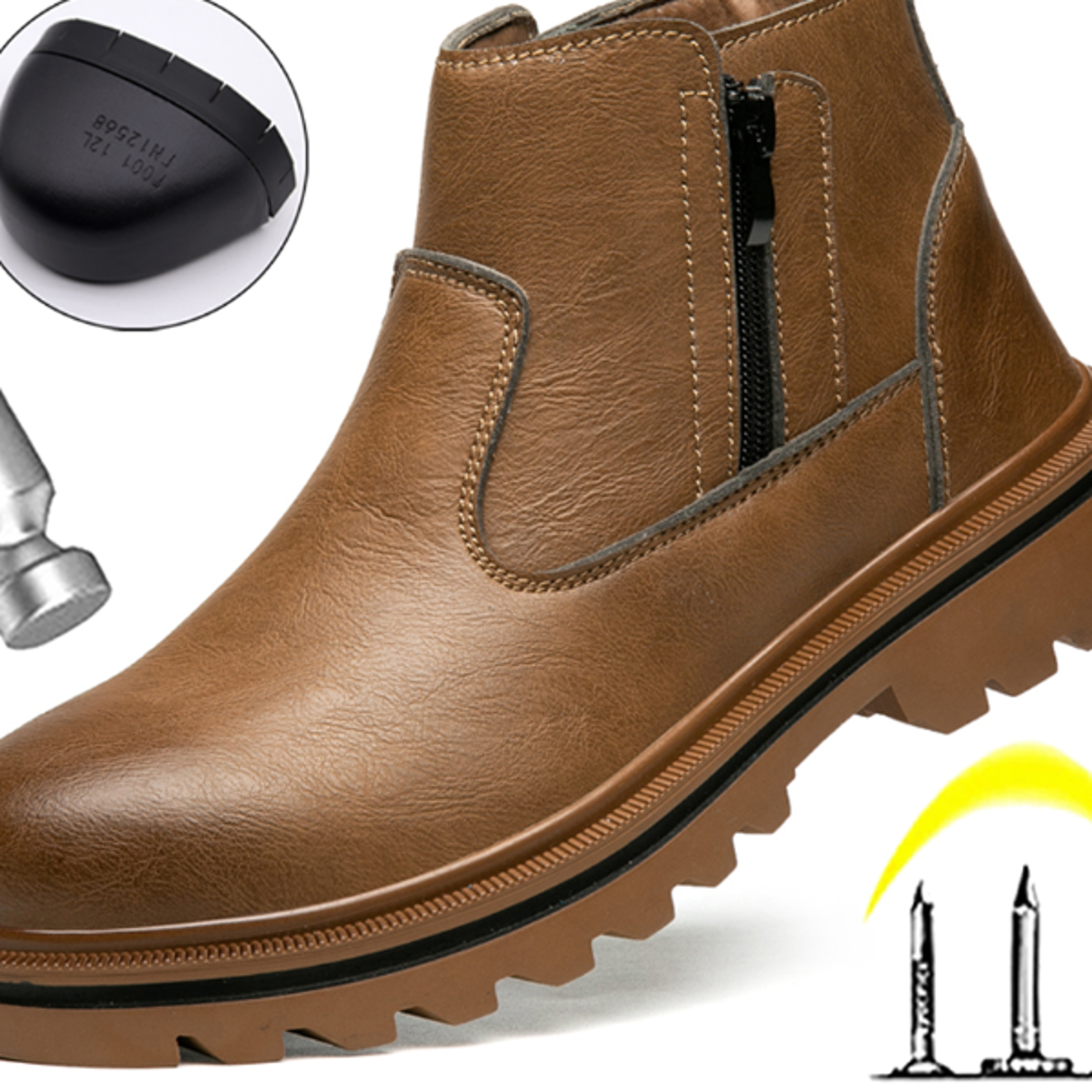 Brown leather boots Men Steel toe shoes Safety Boots Work Protection Shoes side zipper Men Boots Pun