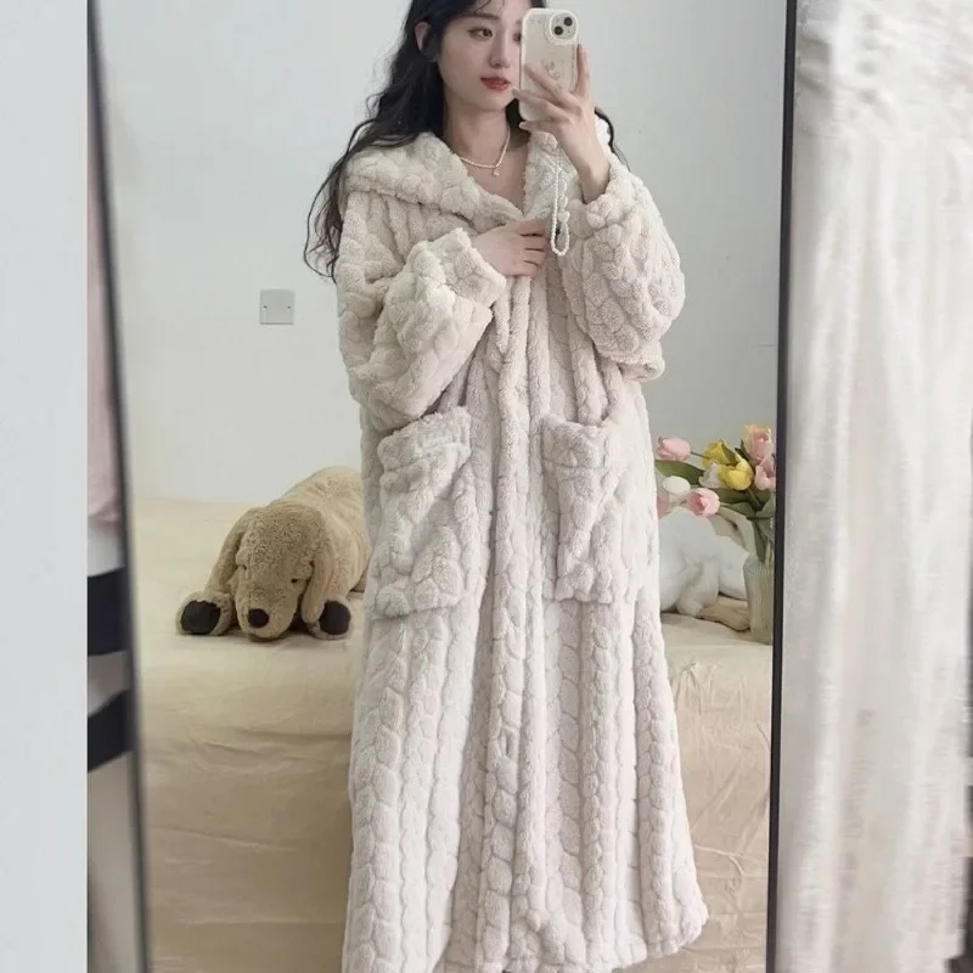 Winter Nightdress, Pocket Robe for Women, Warm Fleece Pajama, Hooded Nightgown, One Piece Homewear – view 3