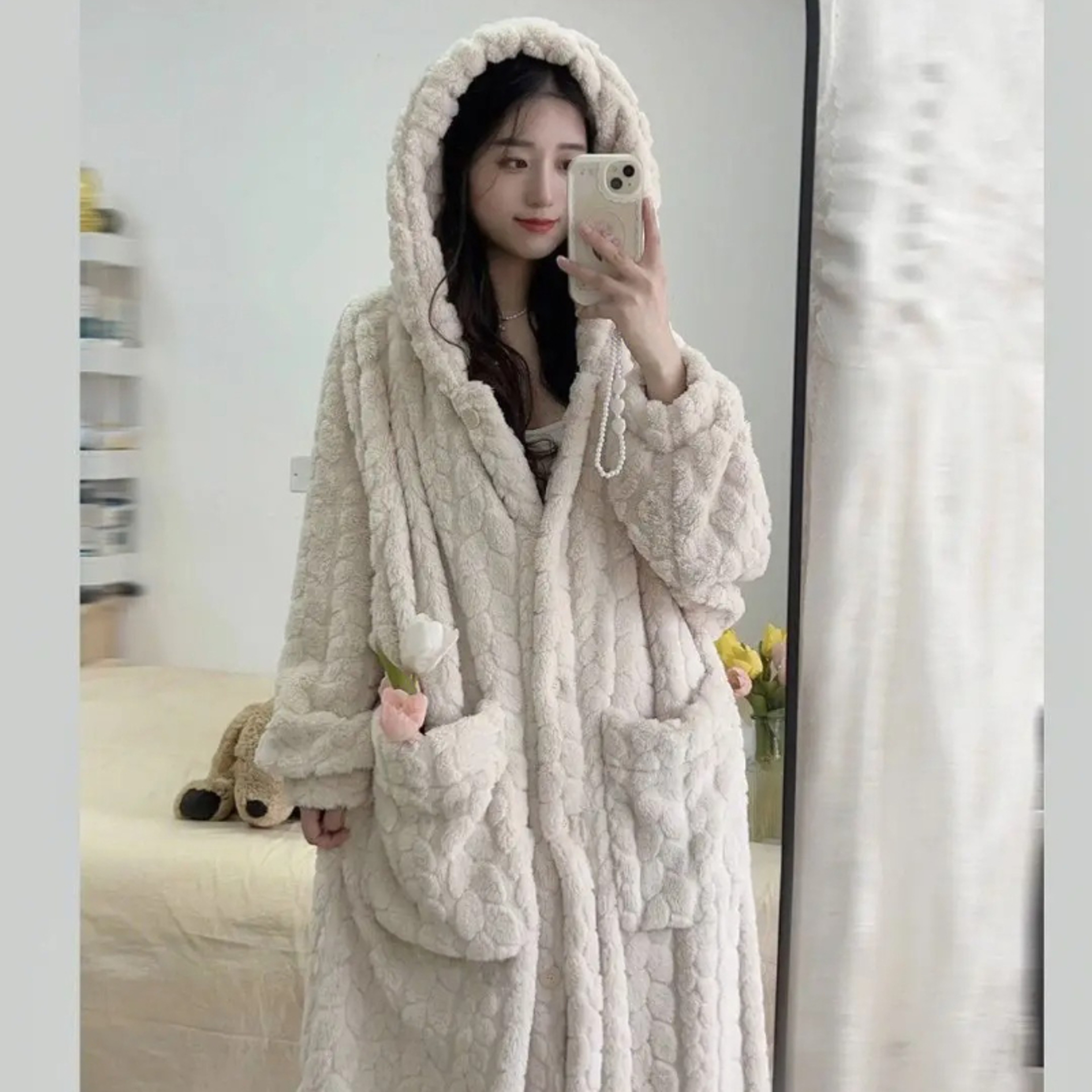 Winter Nightdress, Pocket Robe for Women, Warm Fleece Pajama, Hooded Nightgown, One Piece Homewear – view 4