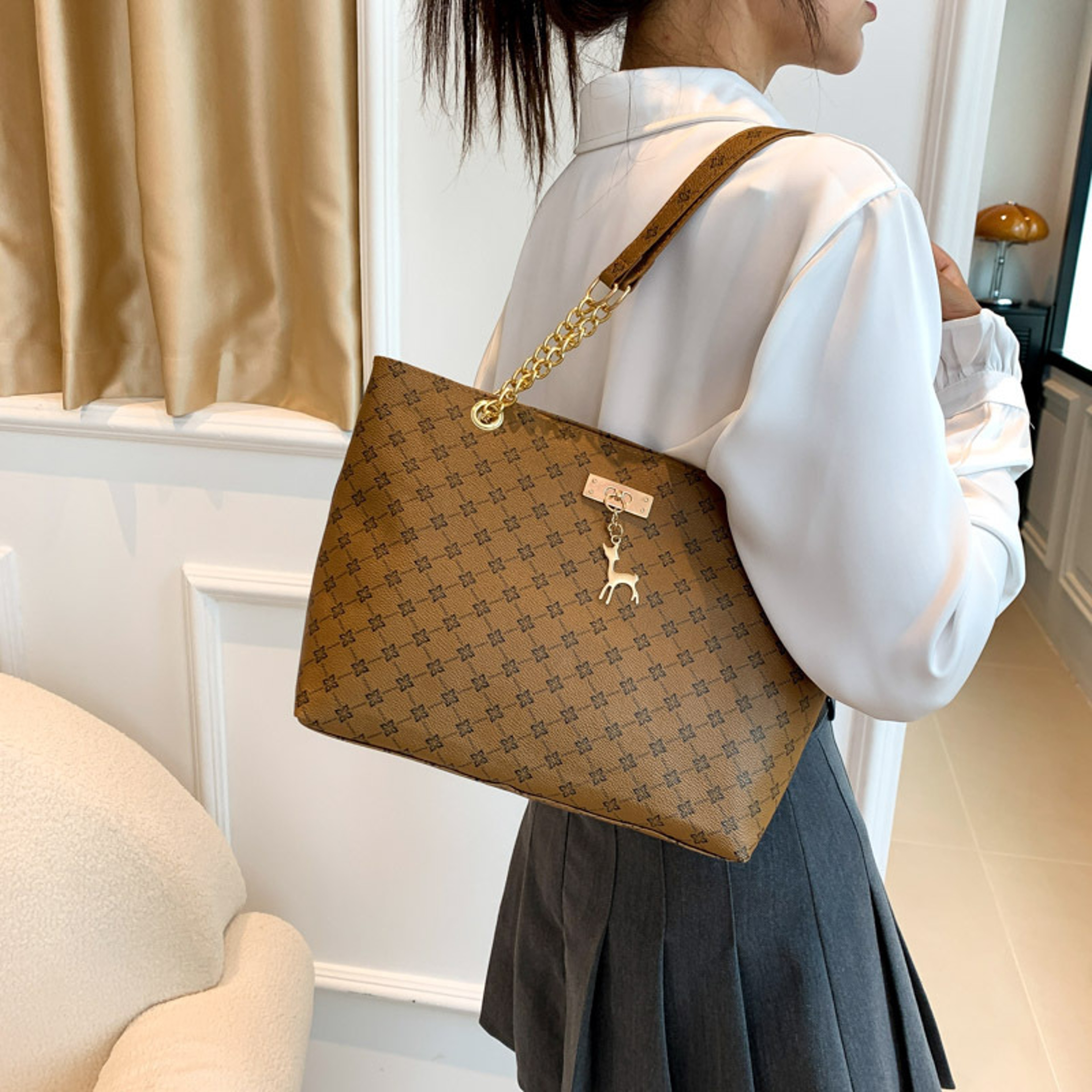 Leather Large Capacity Tote, New Presbyopia Handbag, Women Shoulder Bag with Hanging Accessories – view 3