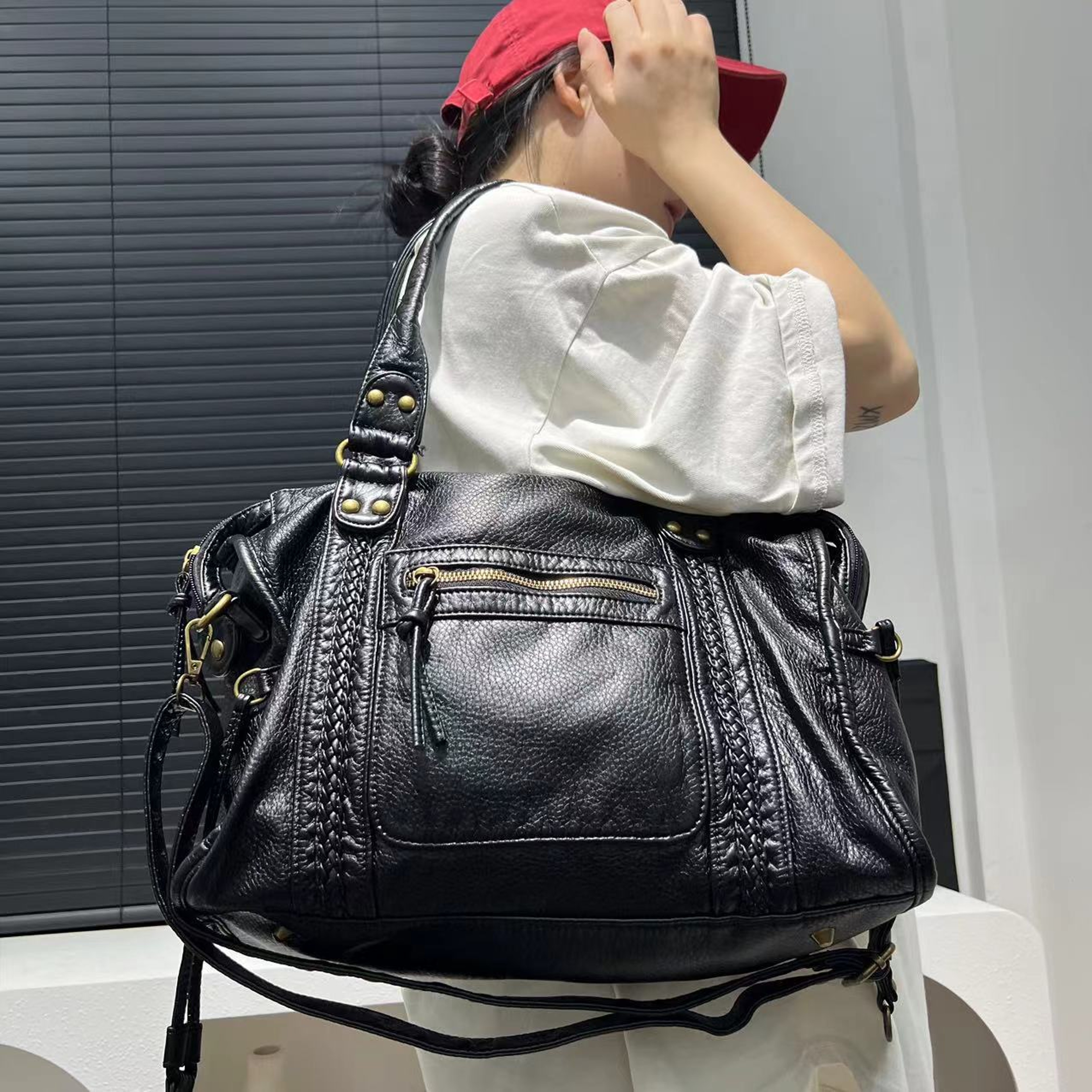 Washed Distressed Shoulder Motorcycle Bag, Large Capacity Crossbody Handbag – view 1