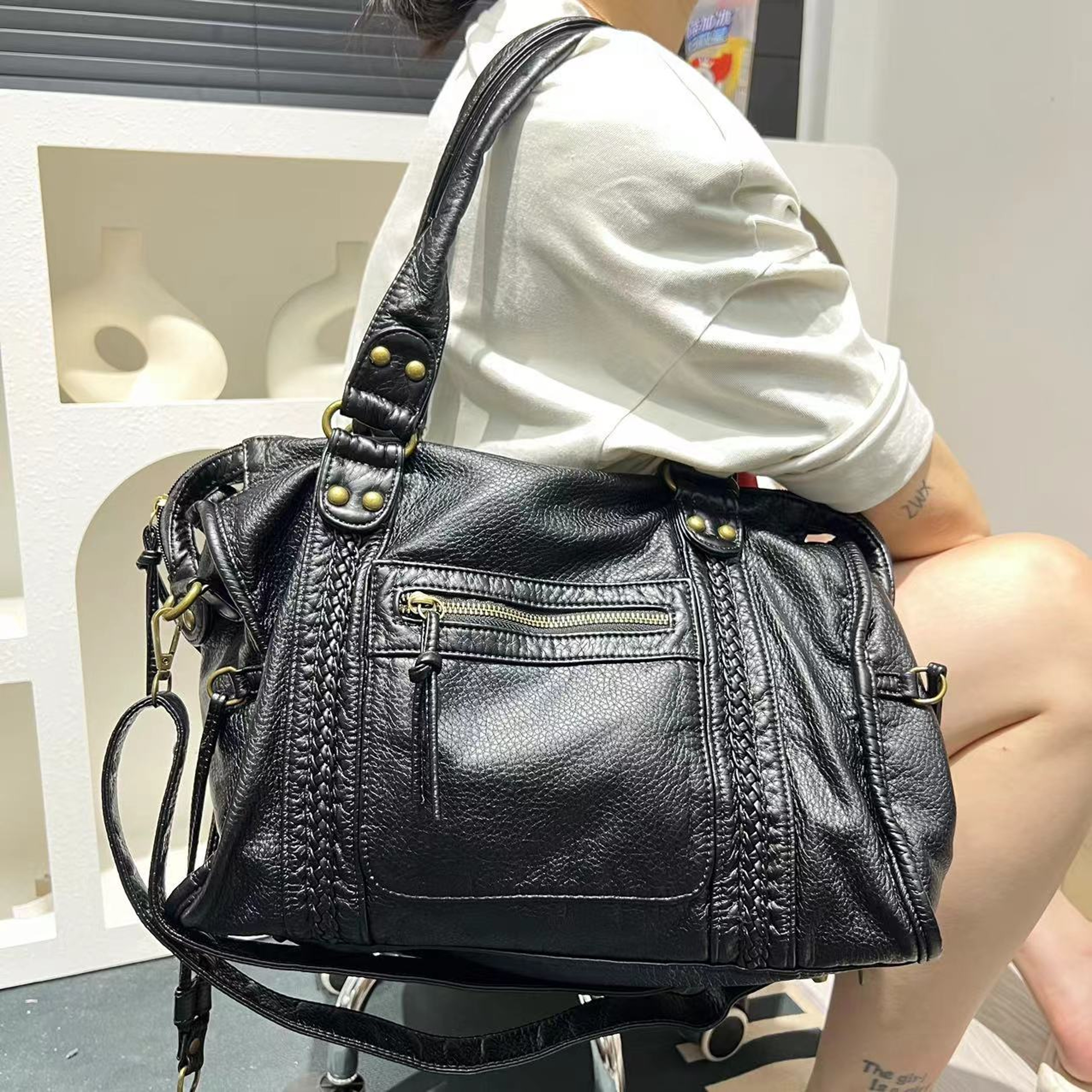 Washed Distressed Shoulder Motorcycle Bag, Large Capacity Crossbody Handbag – view 3