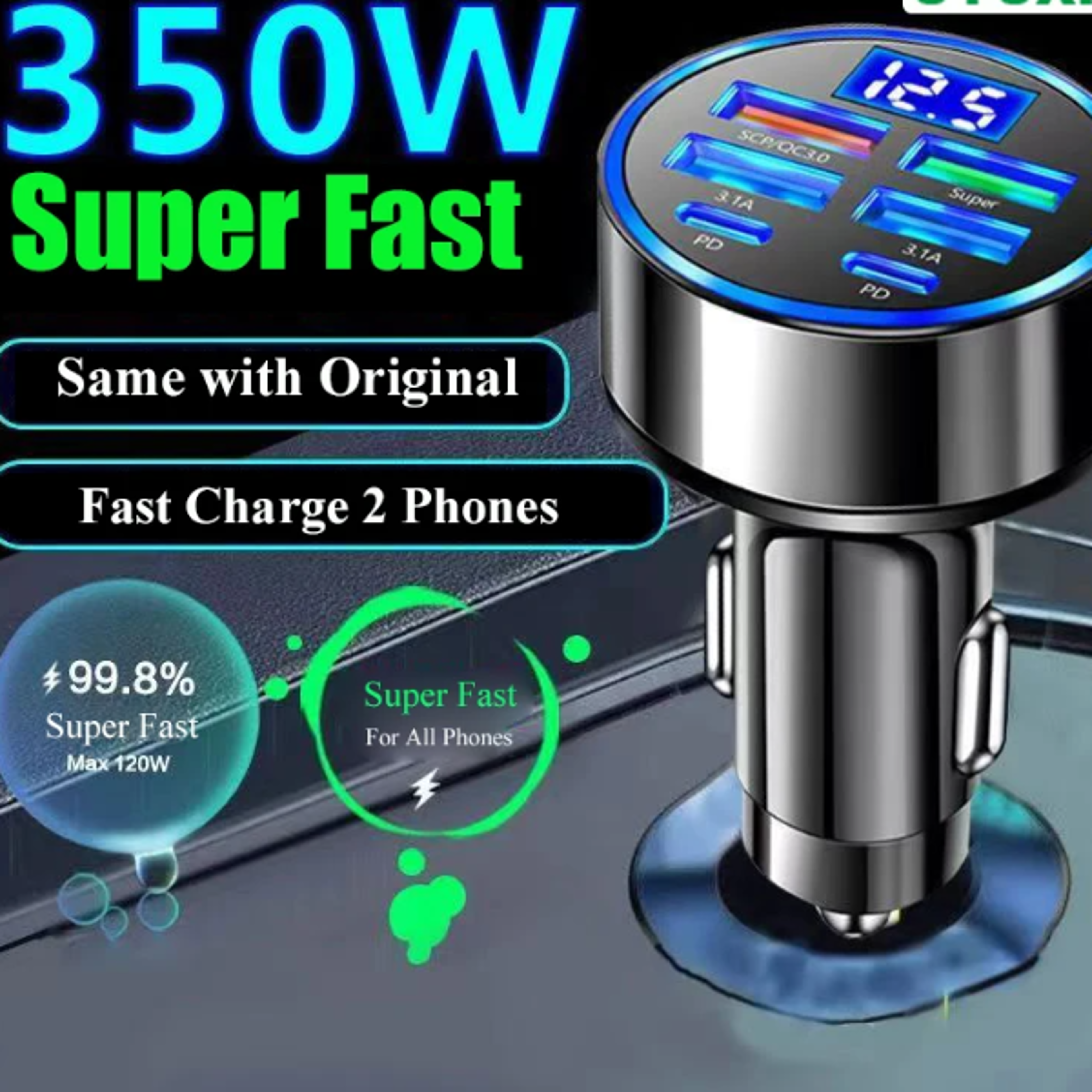 Adapter with Voltage Display 6 in 1 Super Fast in Car for iPhone 16 15 Pro Max Samsung Android Phon