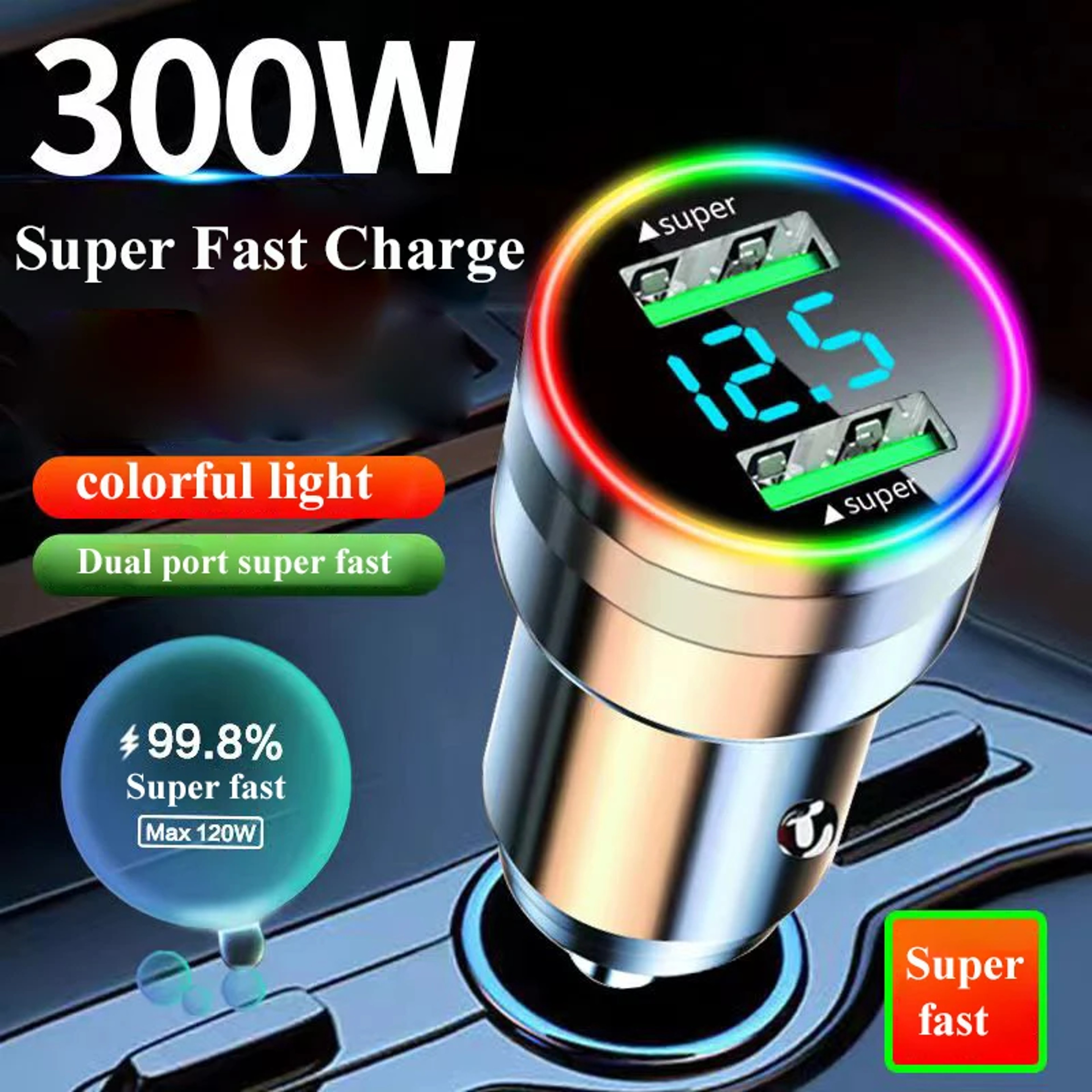 Super Fast Charging Car Adapter with LED Light, Voltage Monitor for iPhone, Samsung, Huawei, OPPO – view 1