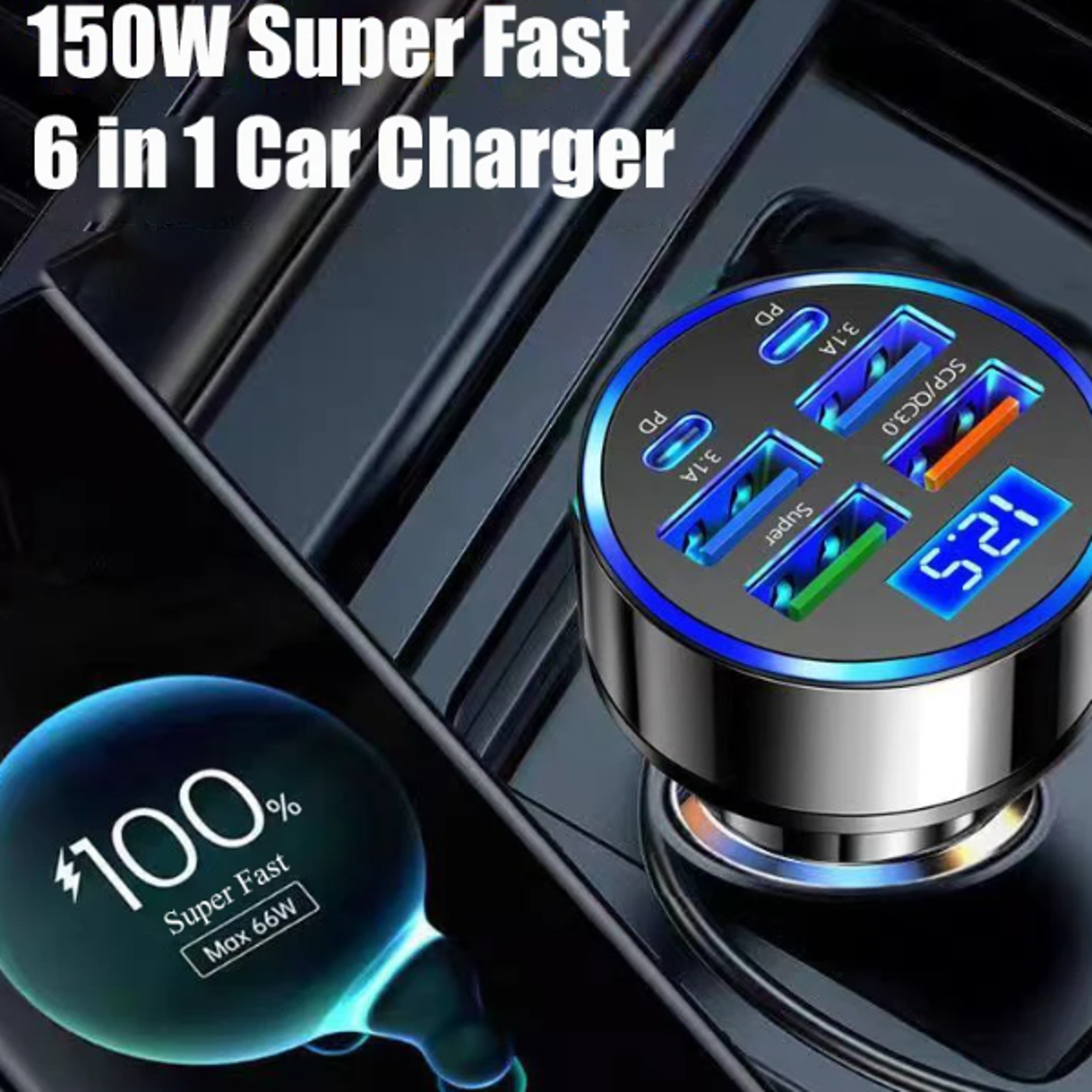 harger Adapter 6 in 1 Dual PD Super Fast Charge in Car with Voltage Display for iPhone Samsung OPPO
