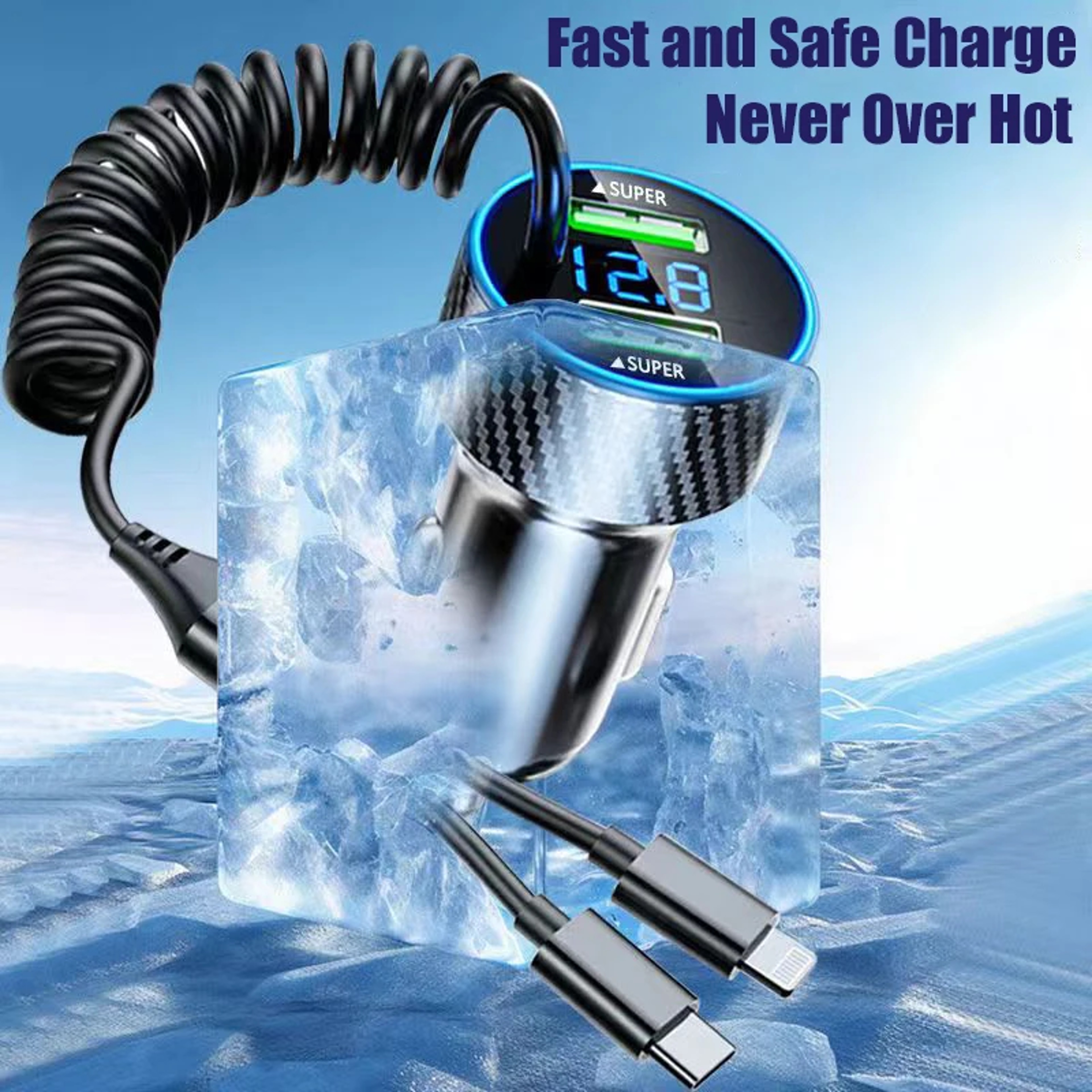 Super Fast Charger Adapter With Retractable Cable LED Voltage Monitor For IPhone Samsung Huawei 3