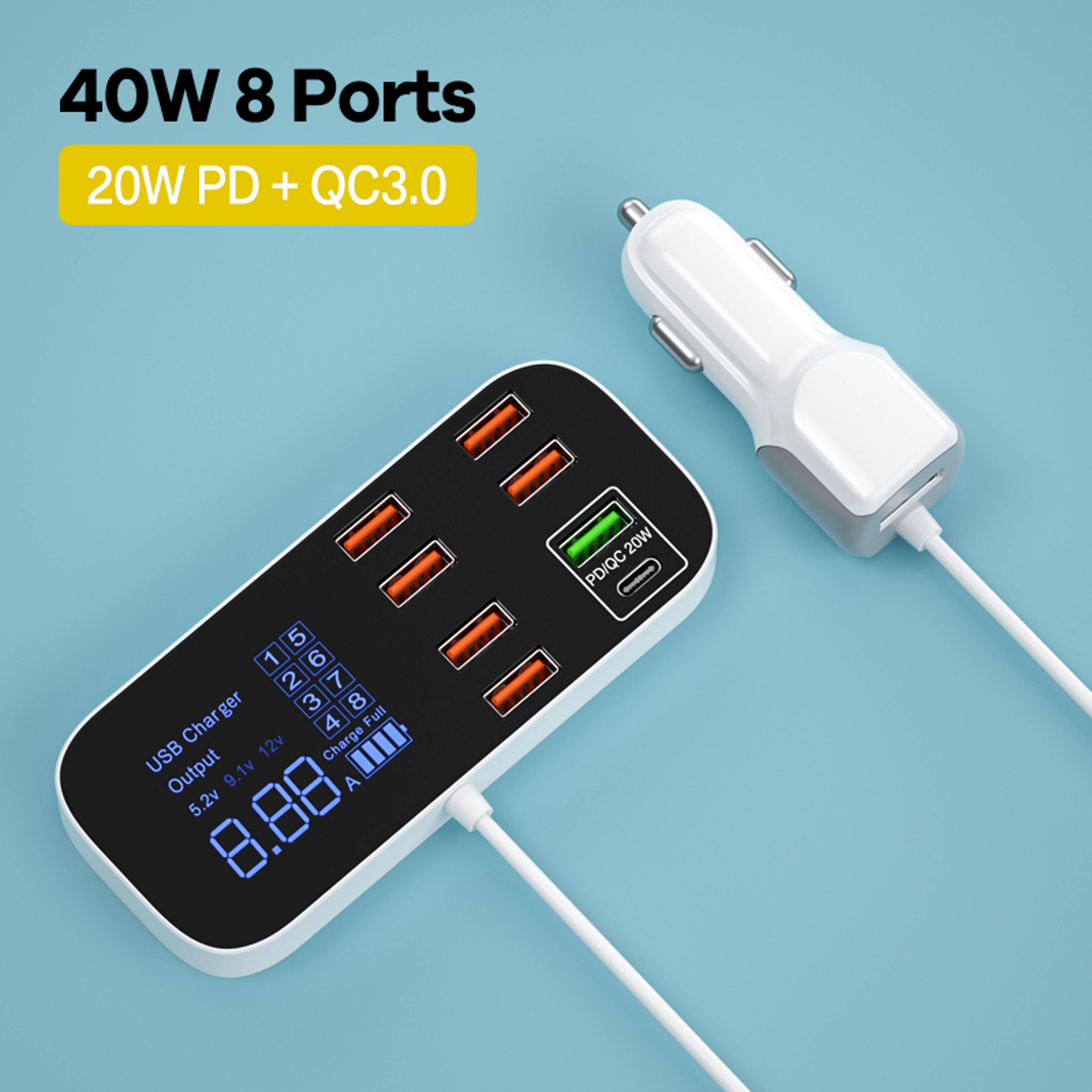 Type C Fast Car Phone Charger Multi USB Charger For Android IPhone With LED Display 6