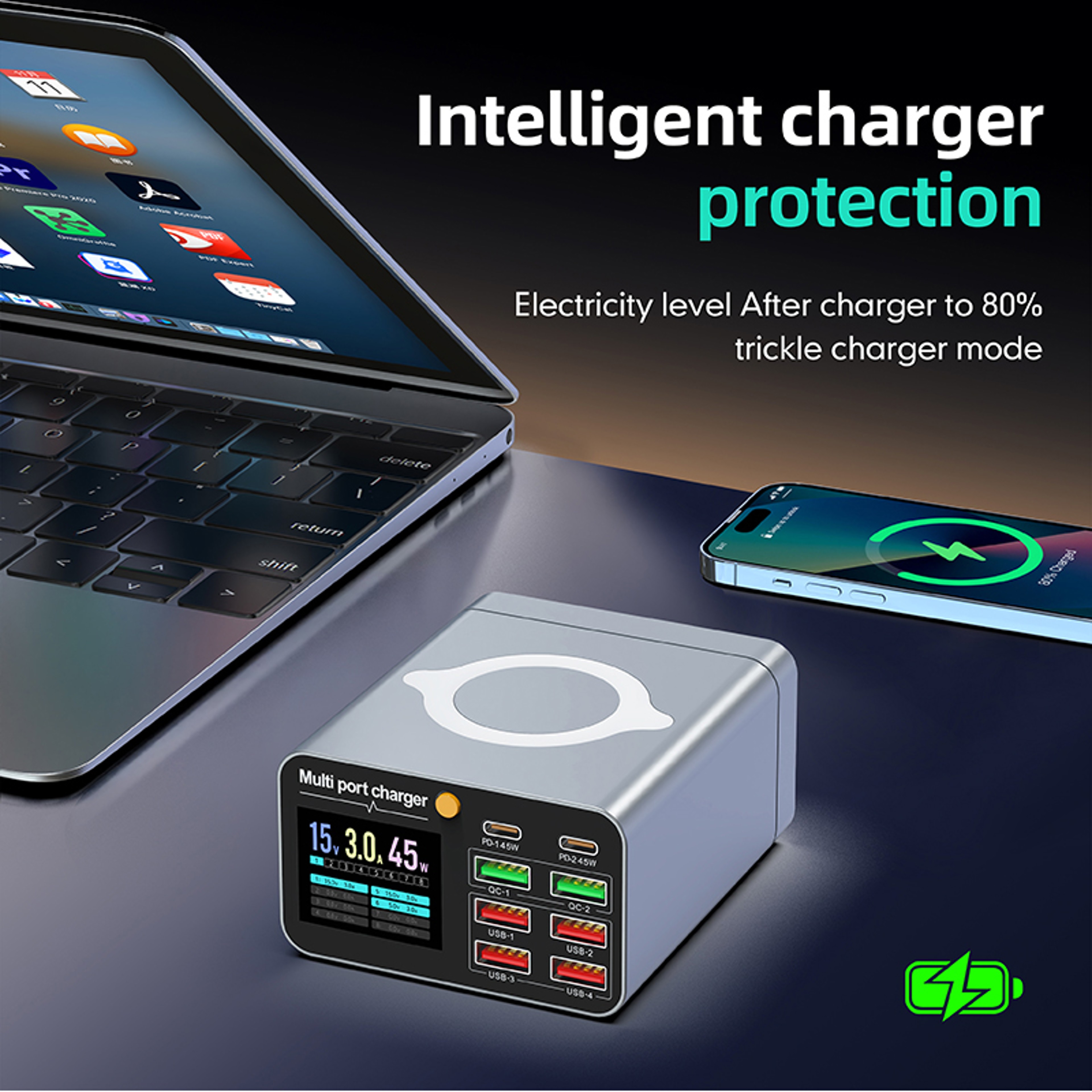 Wireless Digital Display Desktop USB Type C PD Quick Charger For Laptop Tablet Phone 3