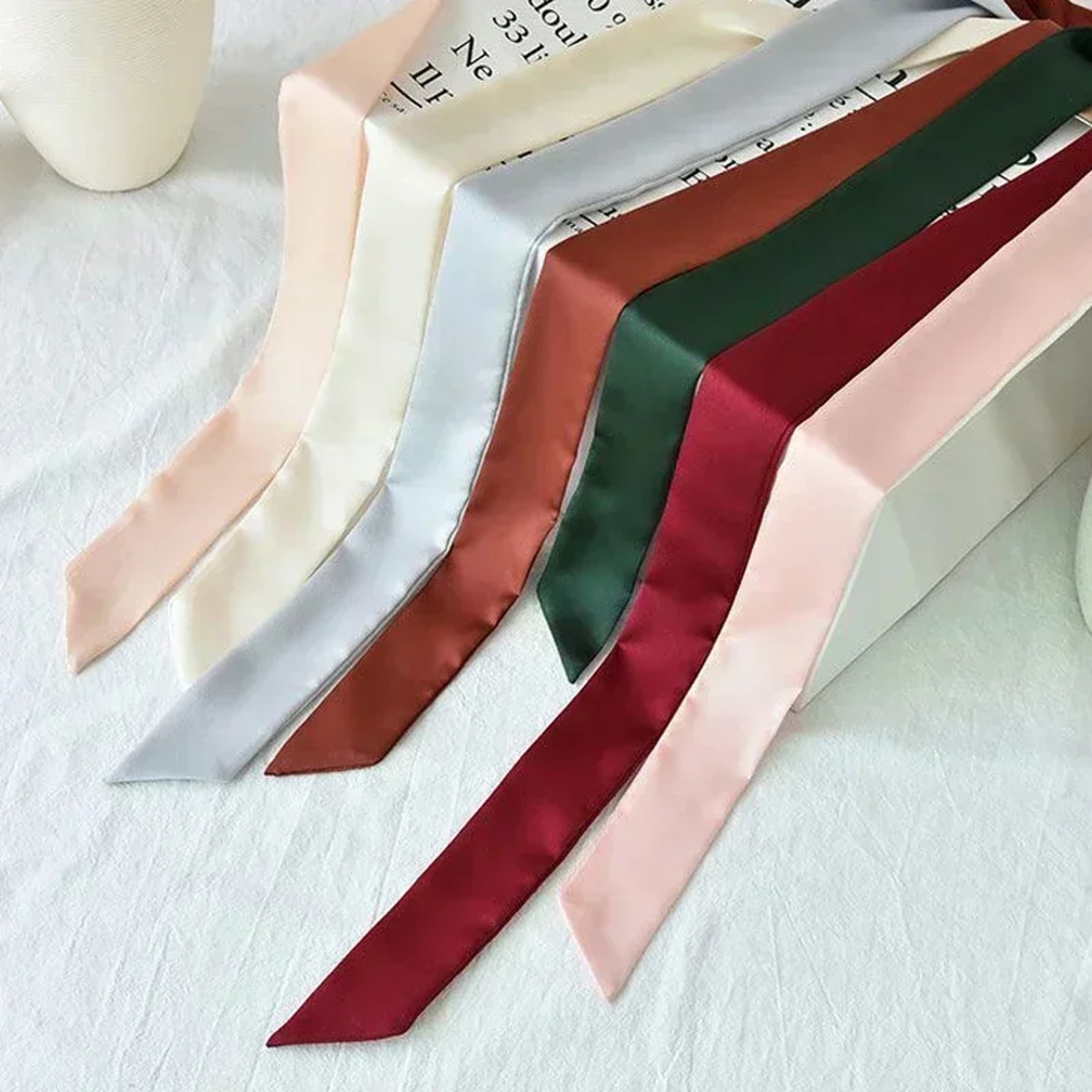 5X190CM Women Narrow Long Scarf 190x5cm Solid Color Chiffon Silk Rubber Red Tie Black Bag Ribbon He 4