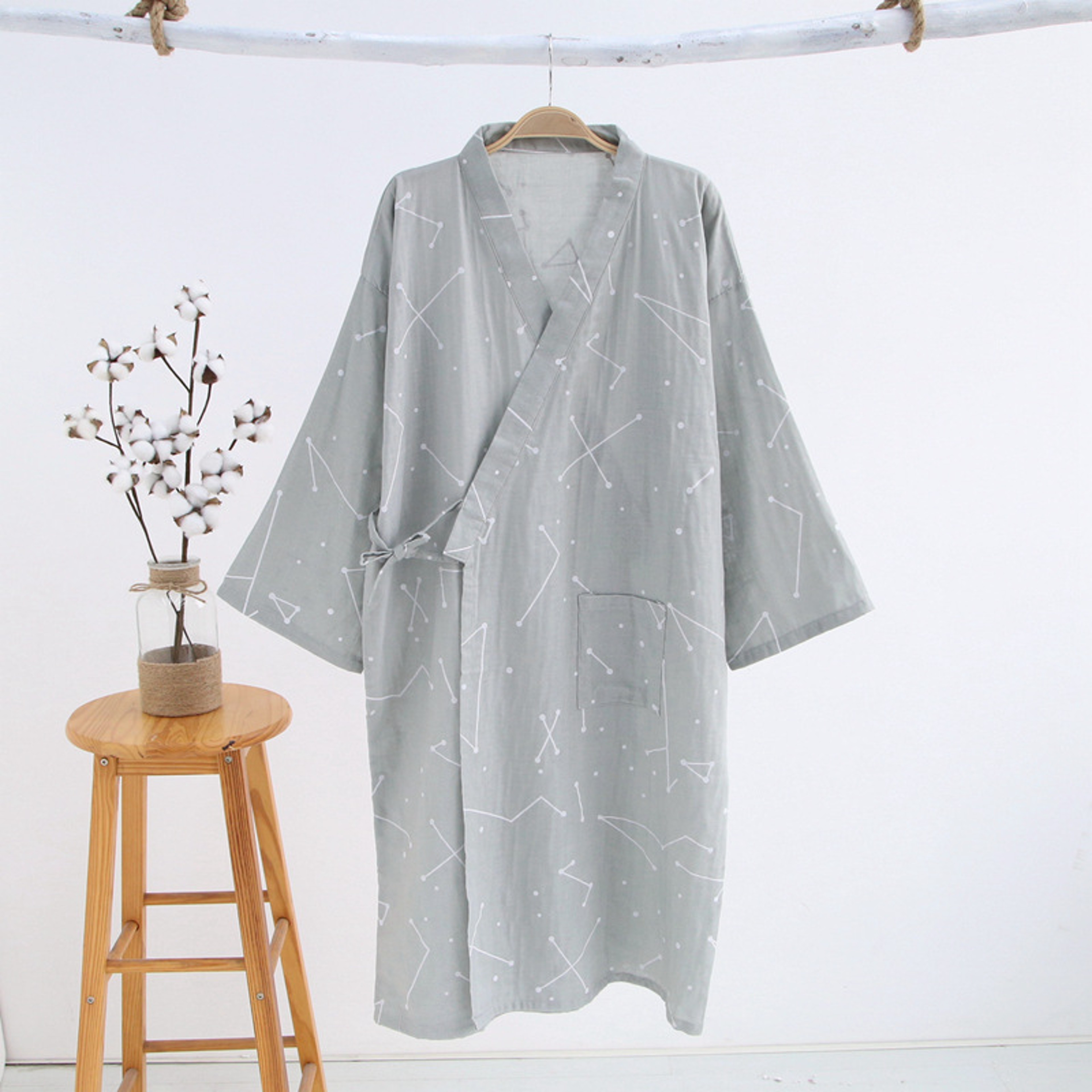 Men's Hooded Cotton Gauze Robe, Thin Yukata Kimono Pajamas, V-Neck Cotton Bathrobe – view 5