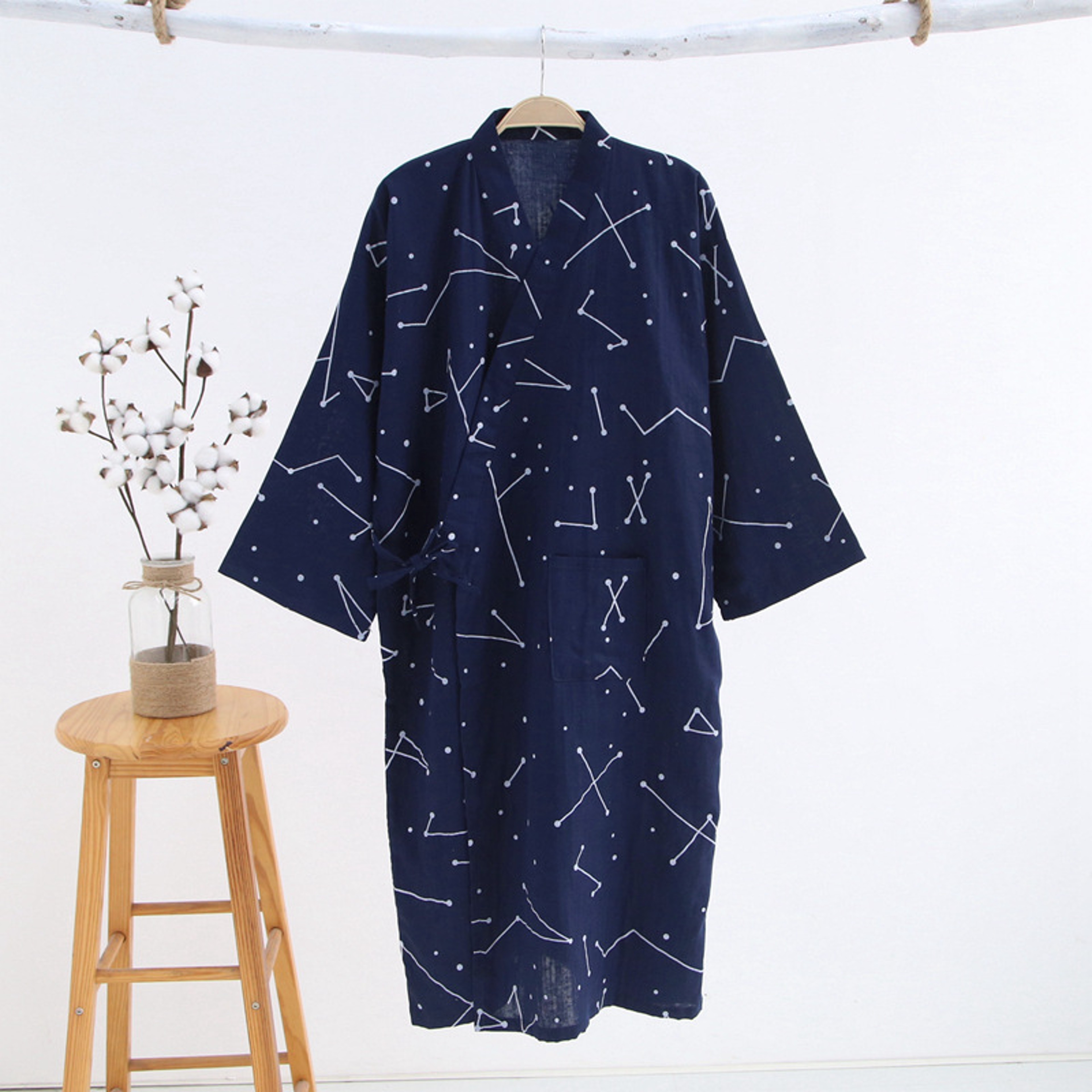Men's Hooded Cotton Gauze Robe, Thin Yukata Kimono Pajamas, V-Neck Cotton Bathrobe – view 9