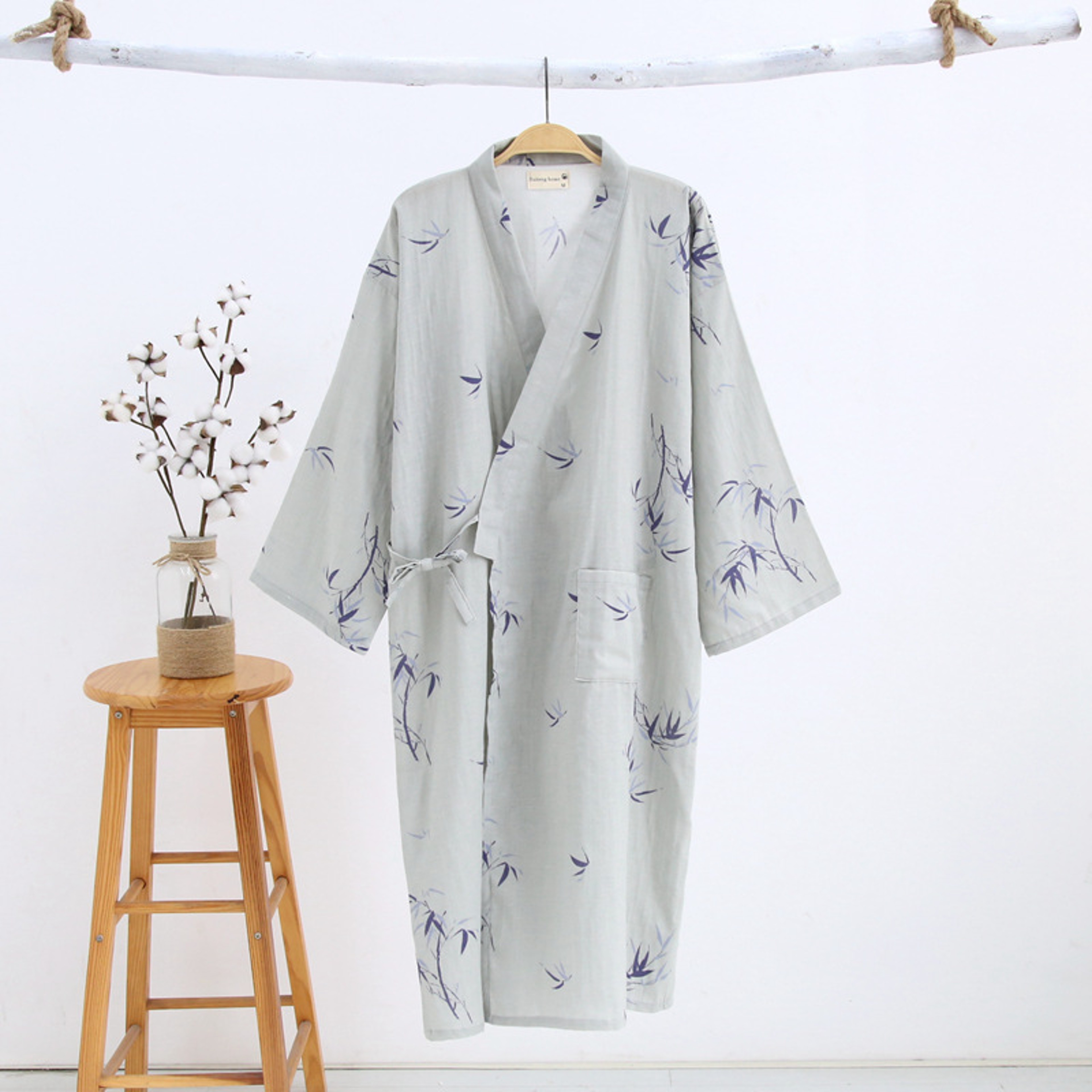 Men's Hooded Cotton Gauze Robe, Thin Yukata Kimono Pajamas, V-Neck Cotton Bathrobe – view 12