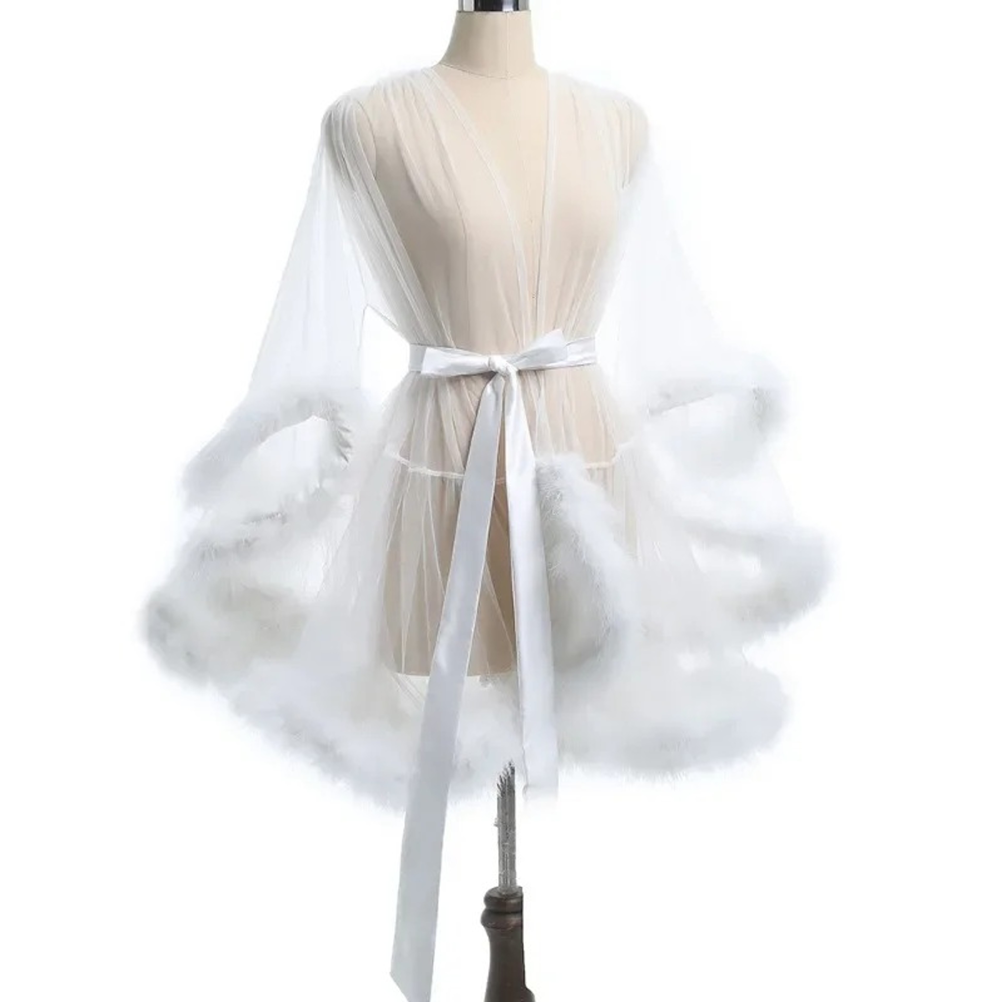 Large Size Sex Fur Bathrobe with Seductive Mesh Perspective, Bridal Passionate Waist Tightening Robe, Dressing Gown – view 3